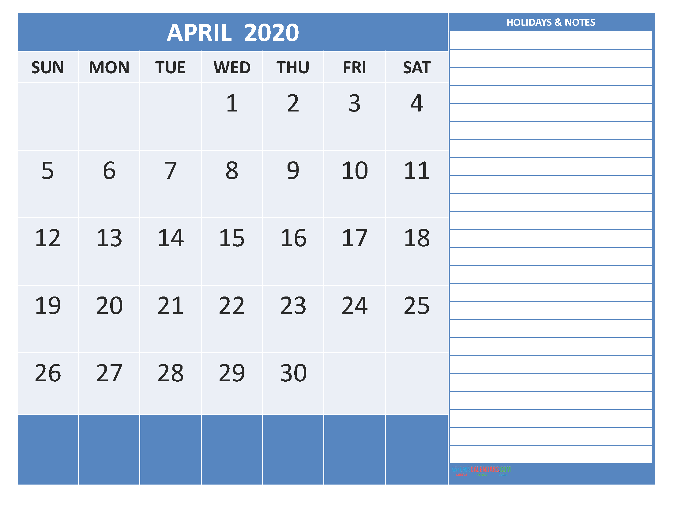 Printable April 2020 Calendar with Holidays Word