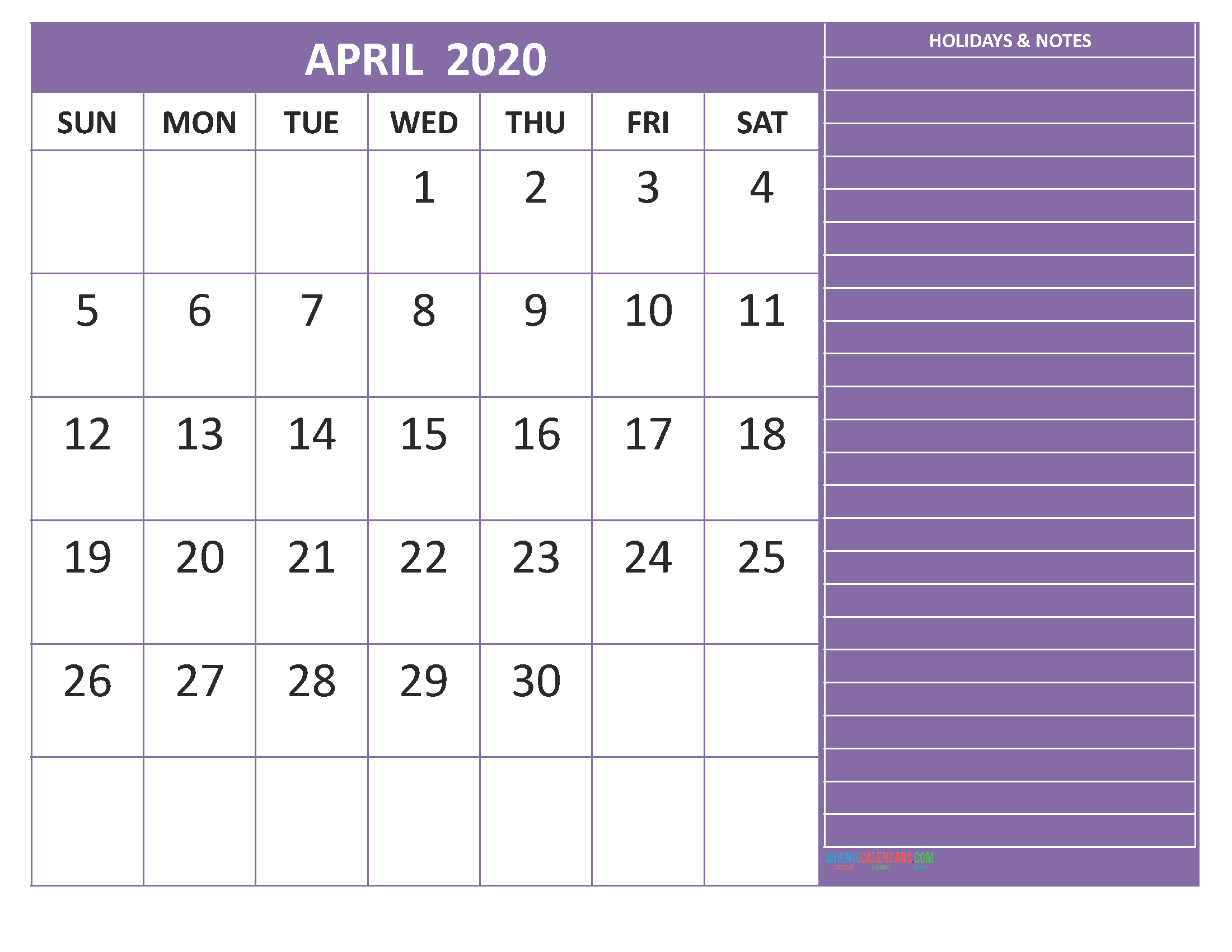 Free Printable Monthly 2020 Calendar with Holidays April