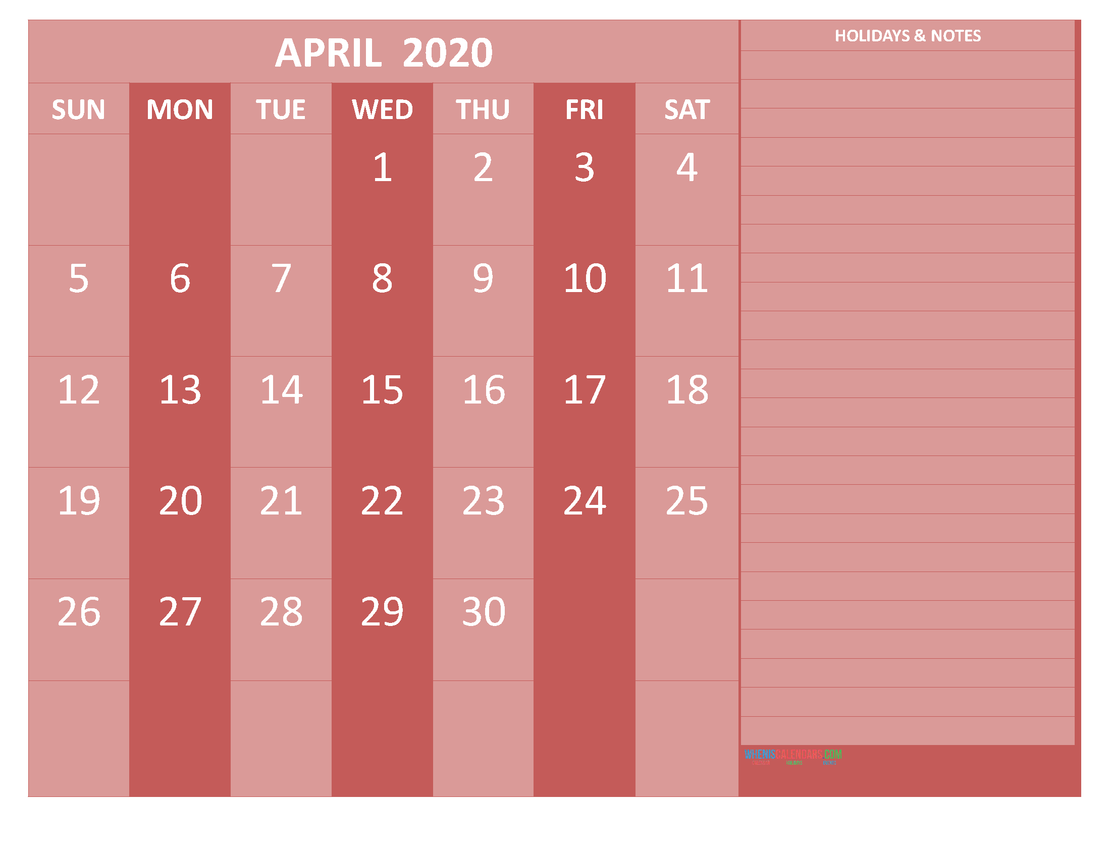 Free Printable Monthly Calendar 2020 April with Holidays
