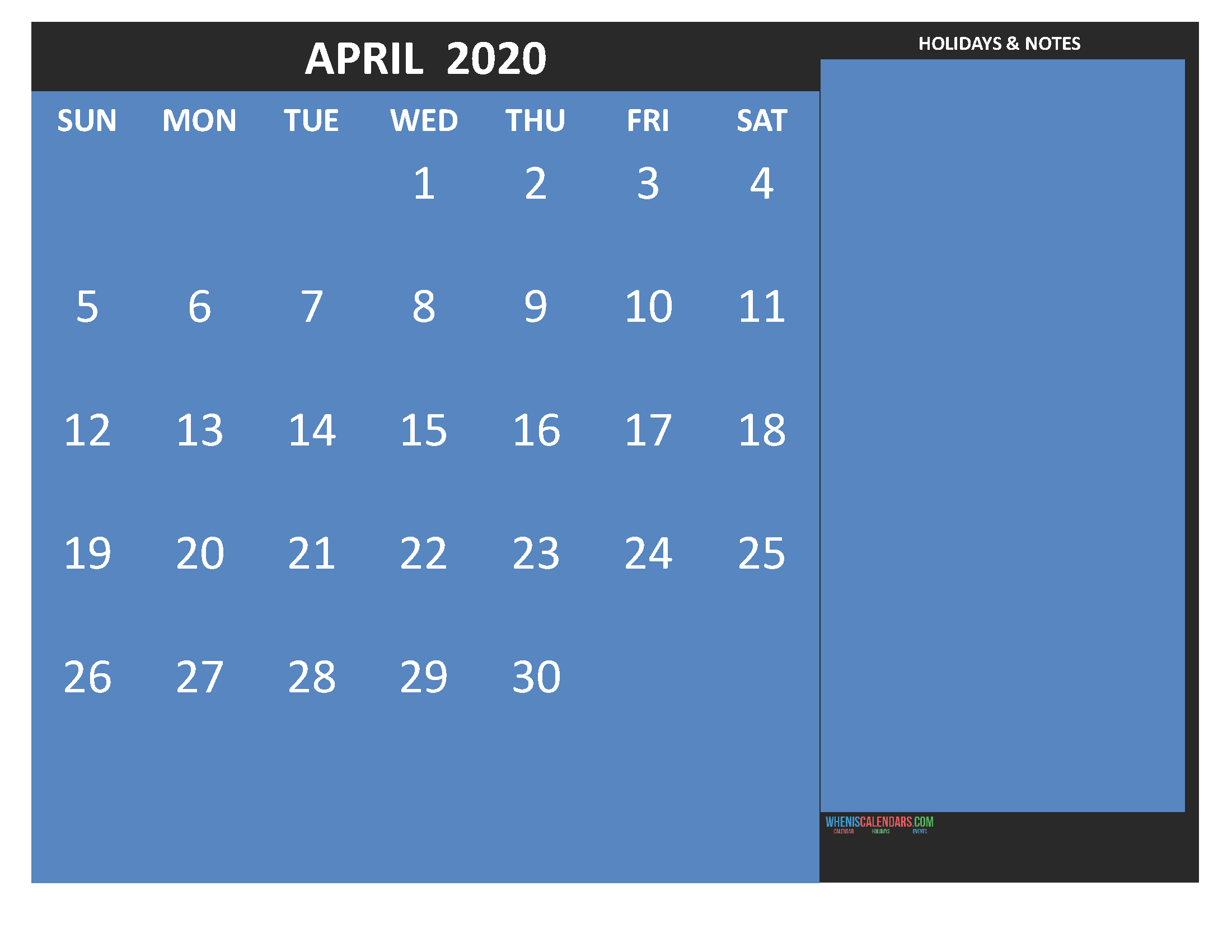 Free Printable Monthly Calendar 2020 April with Holidays