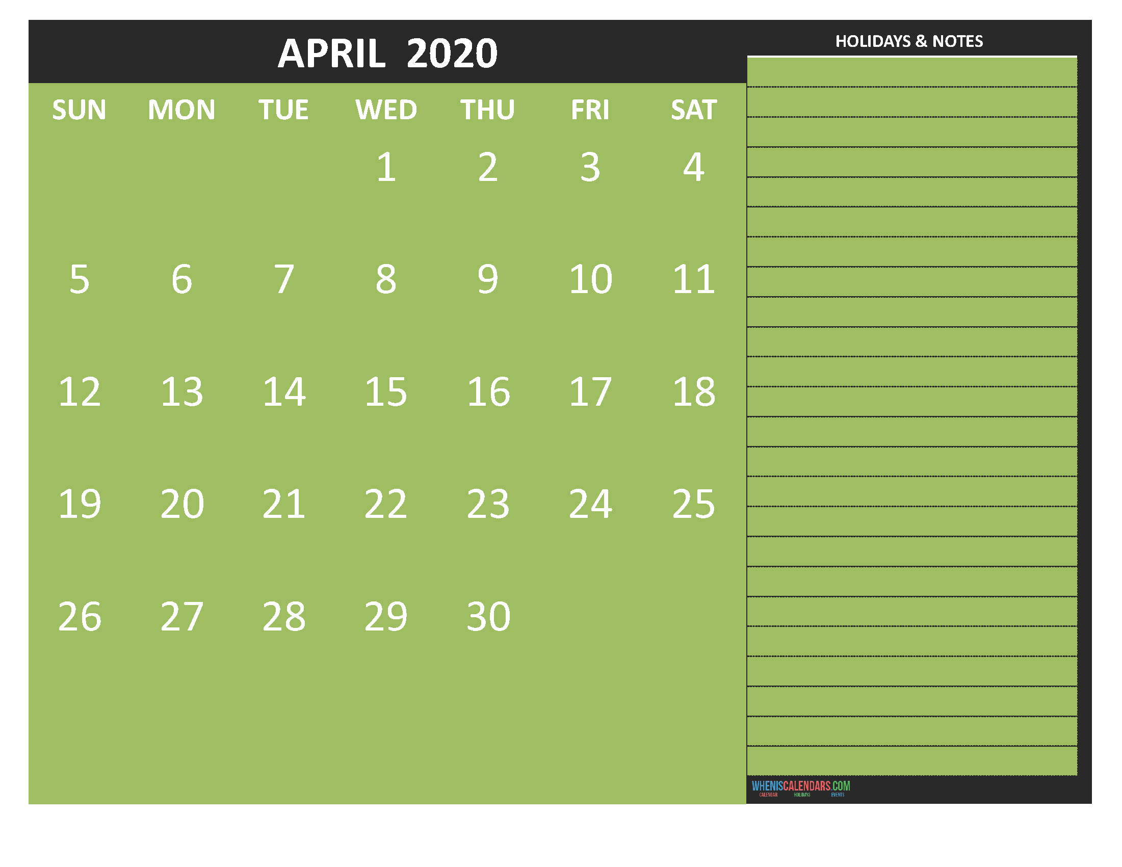 Free Monthly Printable Calendar 2020 April with Holidays