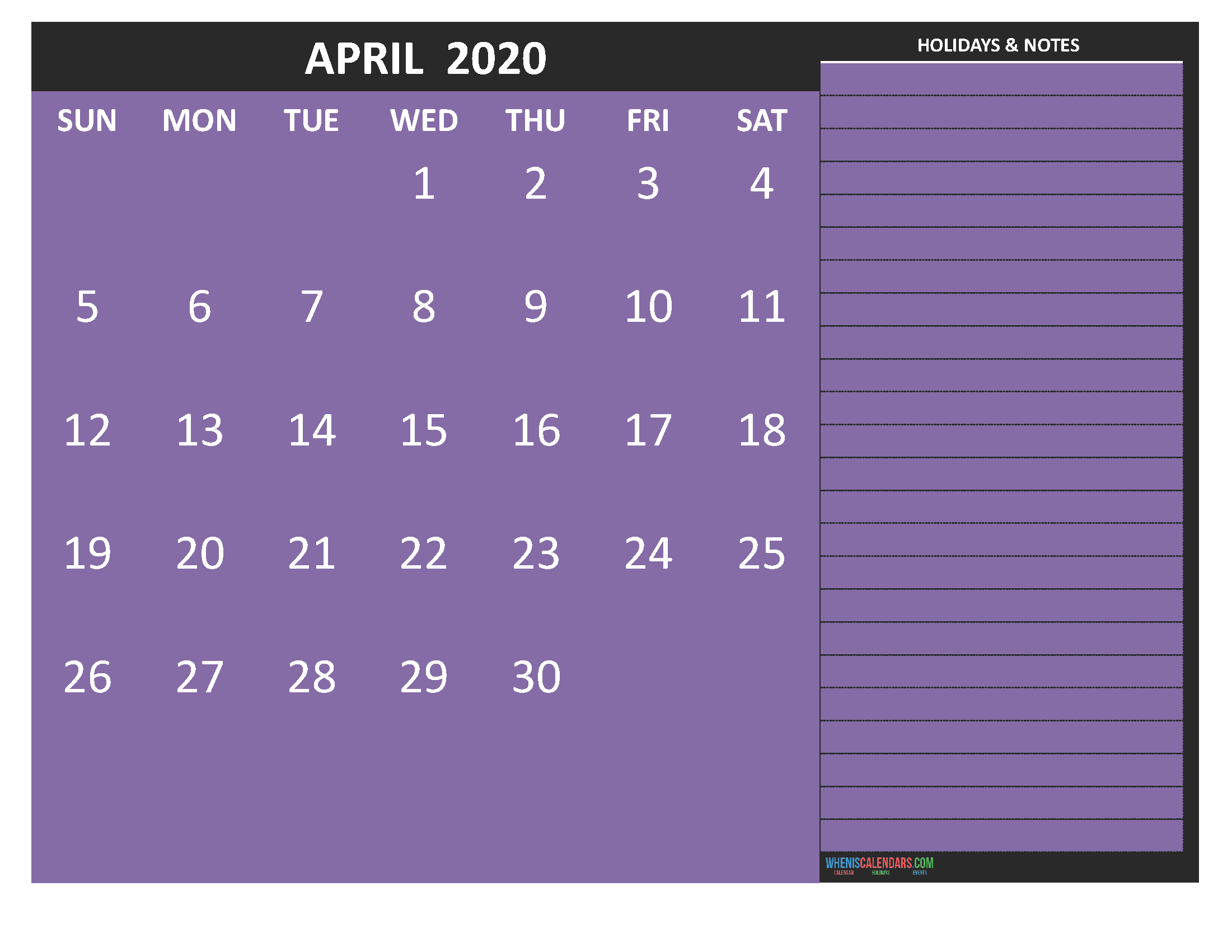 Free Printable Monthly 2020 Calendar with Holidays April