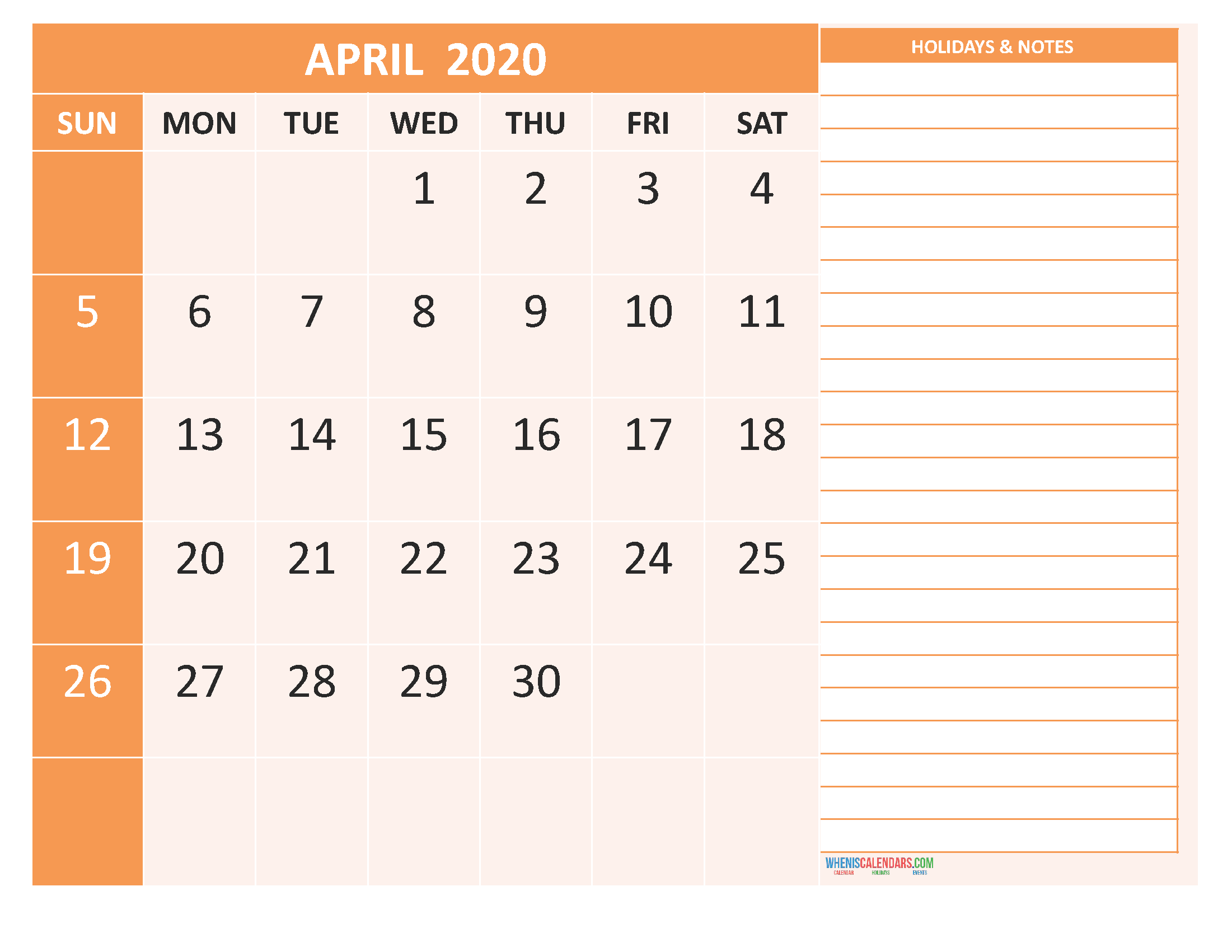 April 2020 Calendar with Holidays Word, PDF