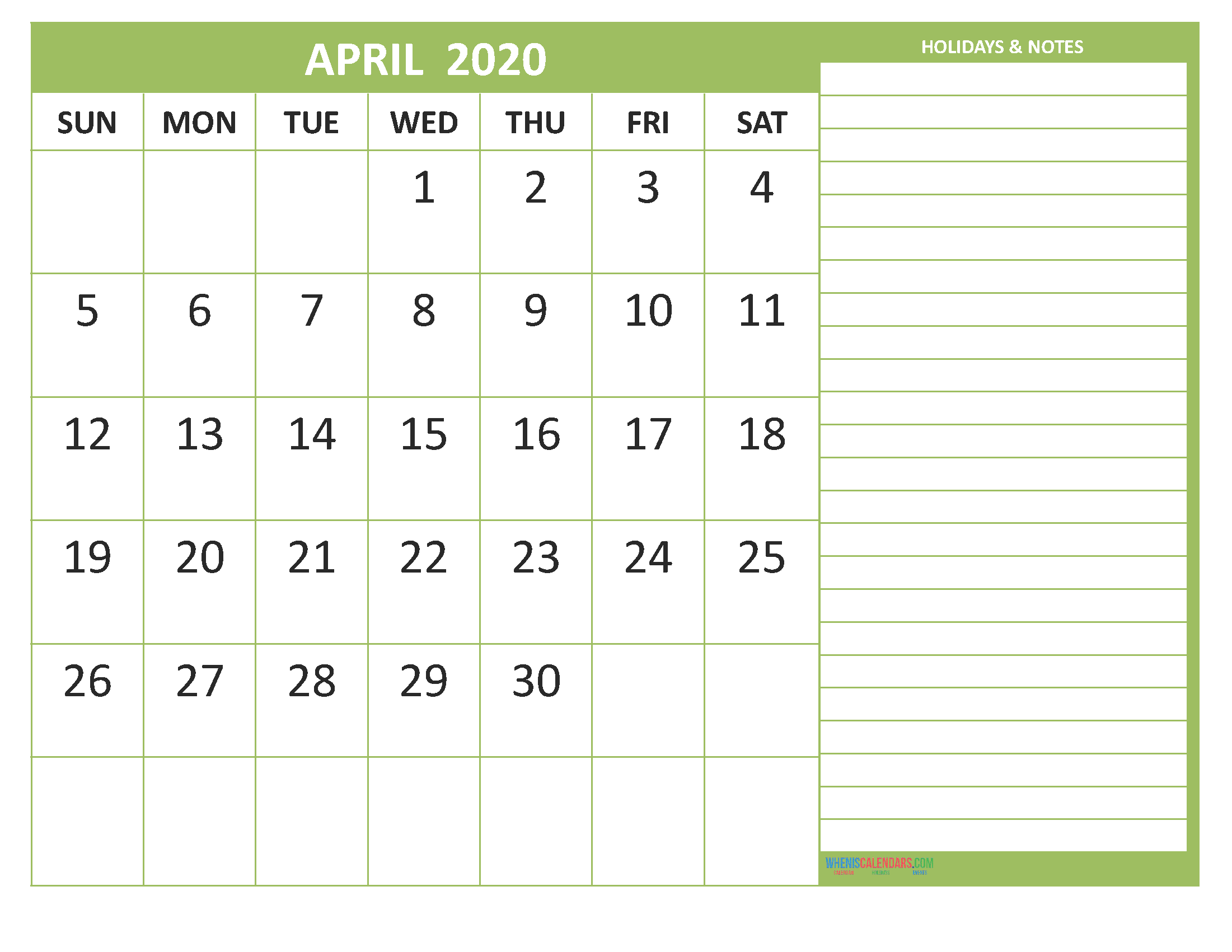 Free Printable 2020 Monthly Calendar with Holidays April