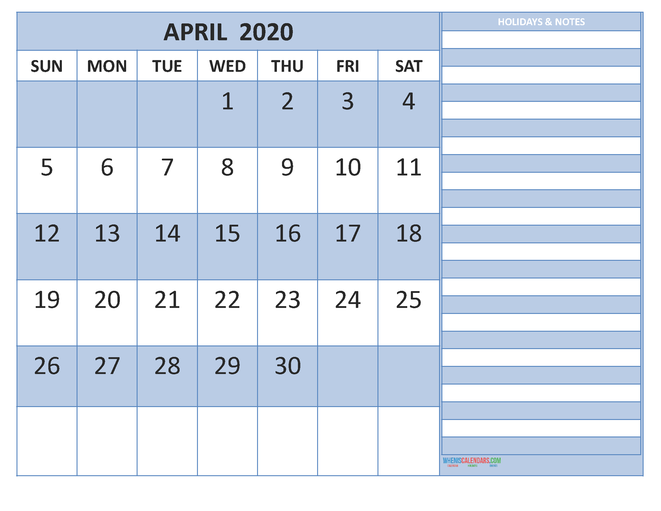 Free Monthly Printable Calendar 2020 April with Holidays