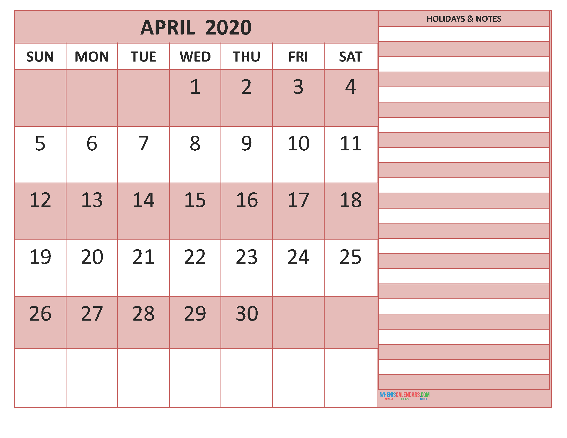 April 2020 Calendar with Holidays Free Printable