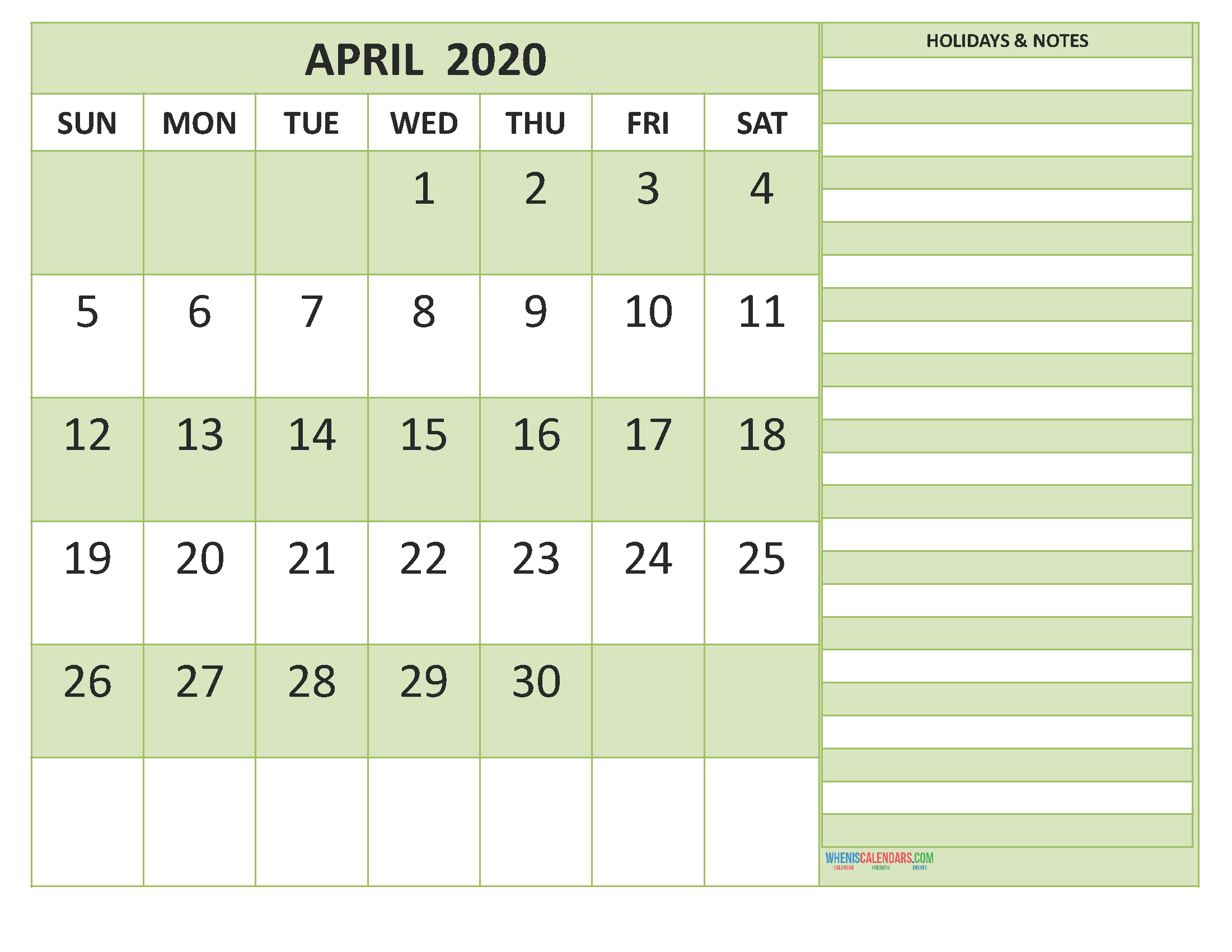 April 2020 Calendar with Holidays Free Printable by Word