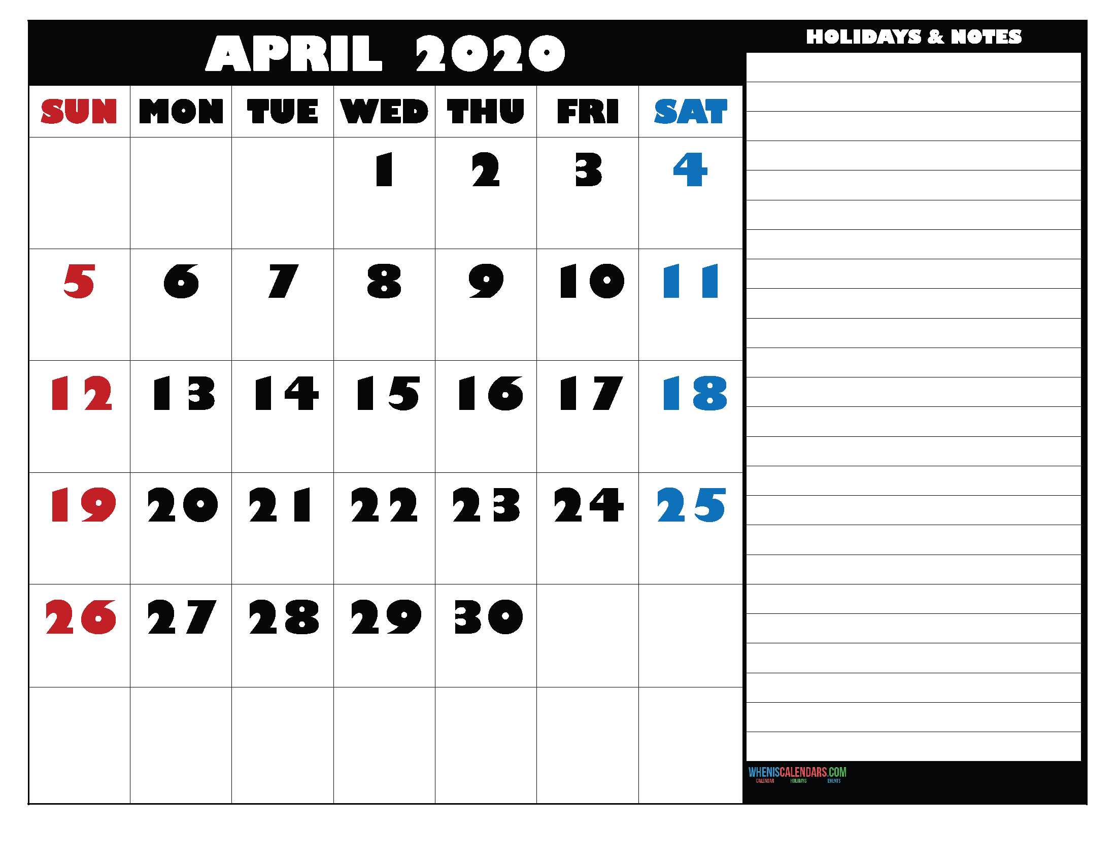 April 2020 Calendar with Holidays Free Printable