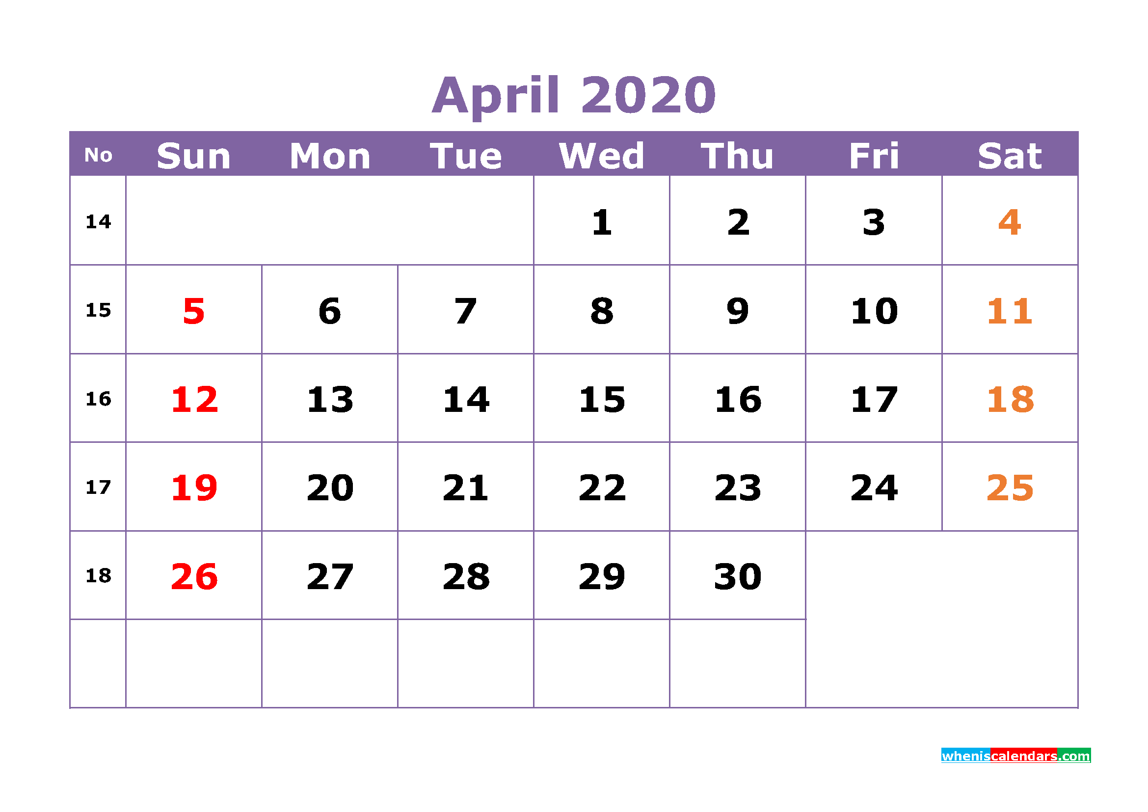 Free Printable April 2020 Calendar Templates