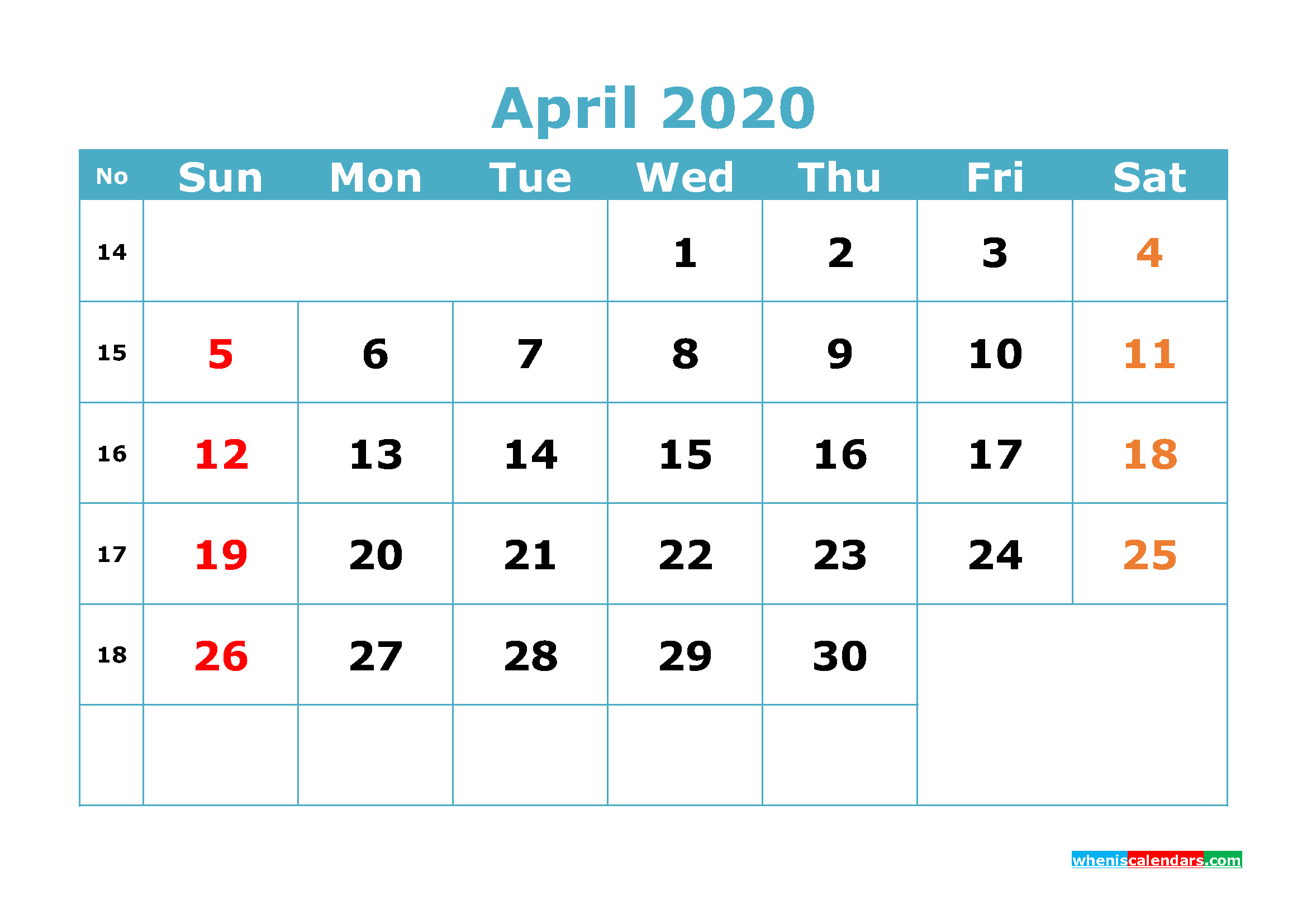Free Printable April 2020 Calendar Template Word