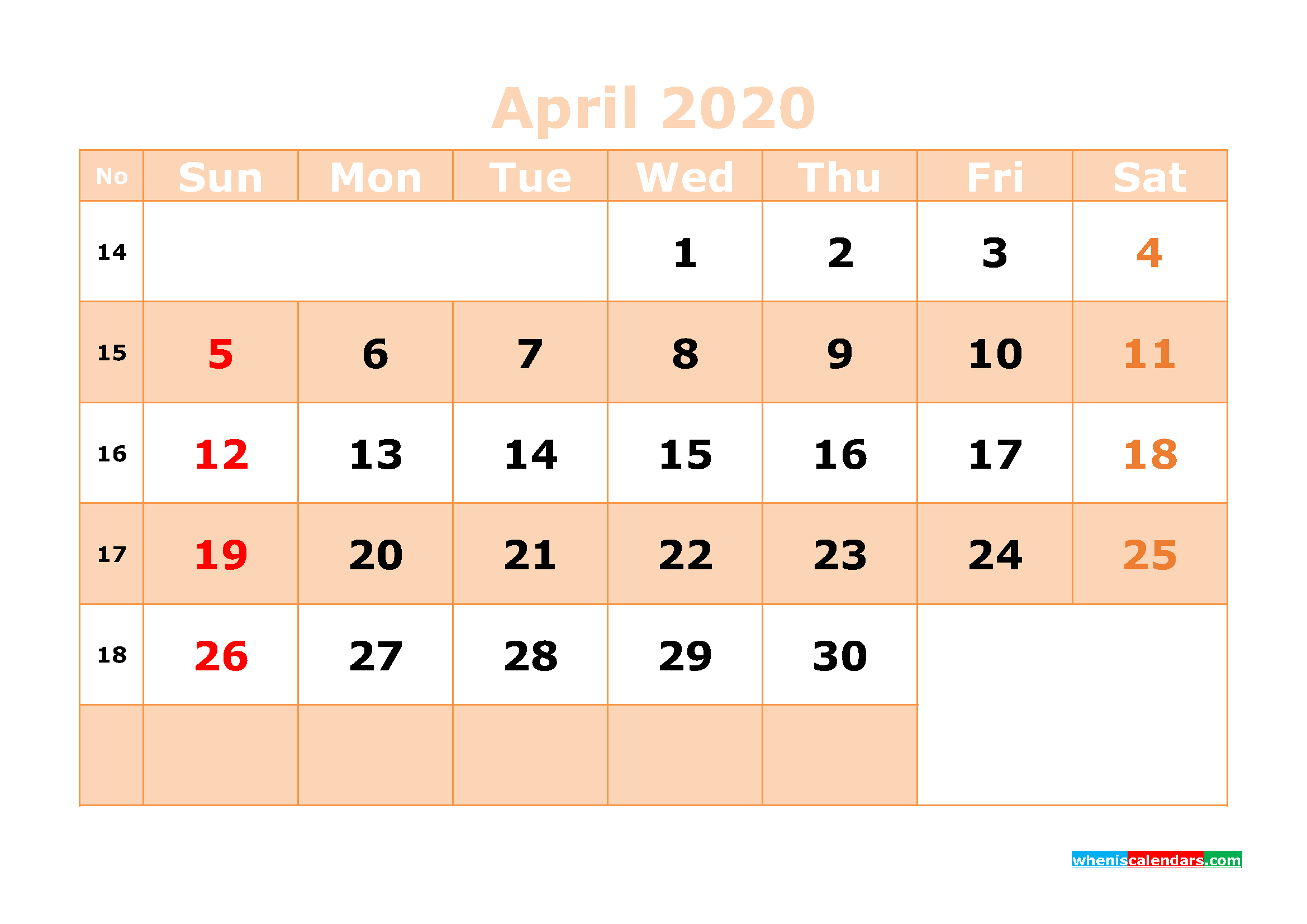 Printable April 2020 Calendar Template Word, PDF