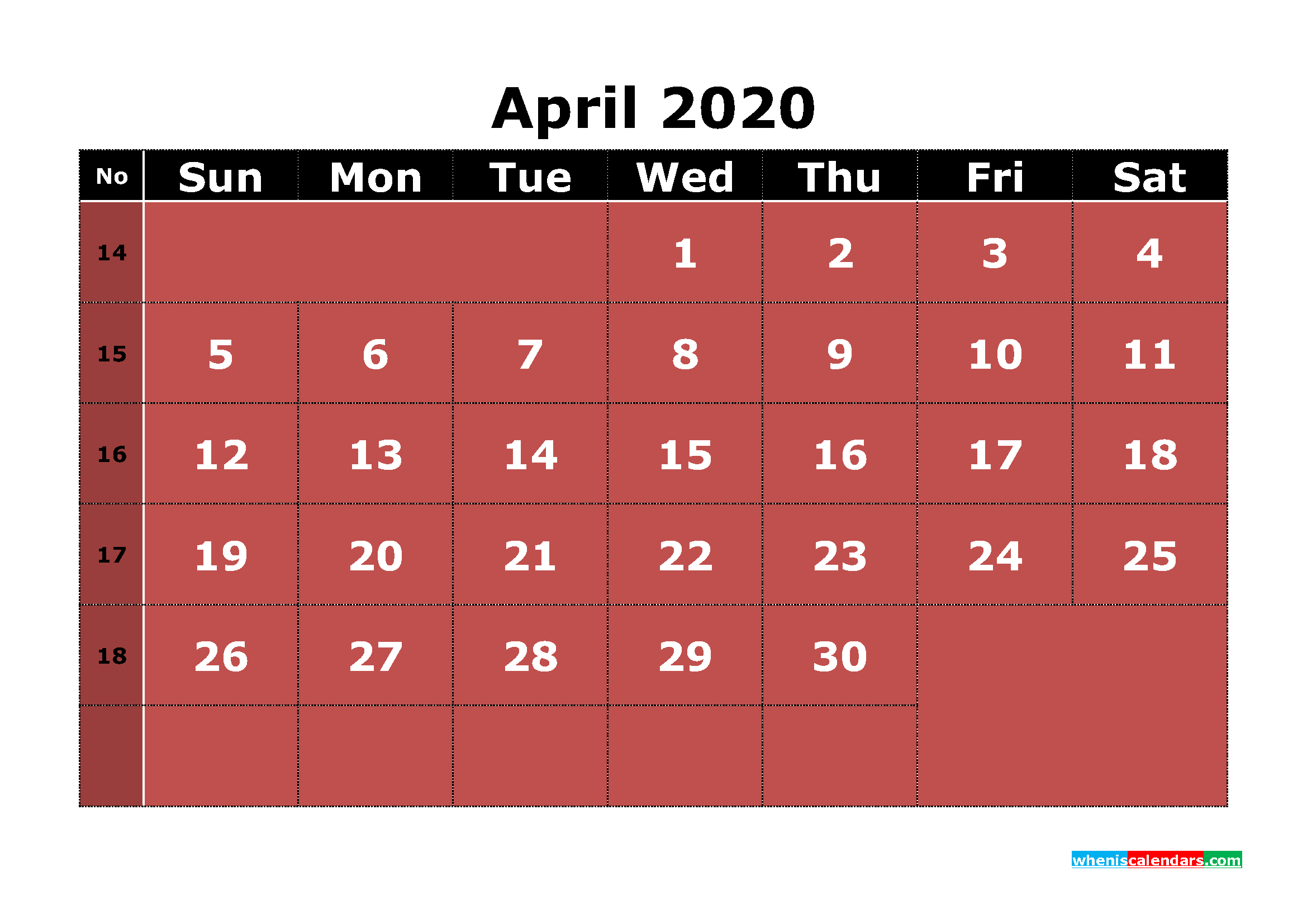 Printable April 2020 Calendar with Week Numbers