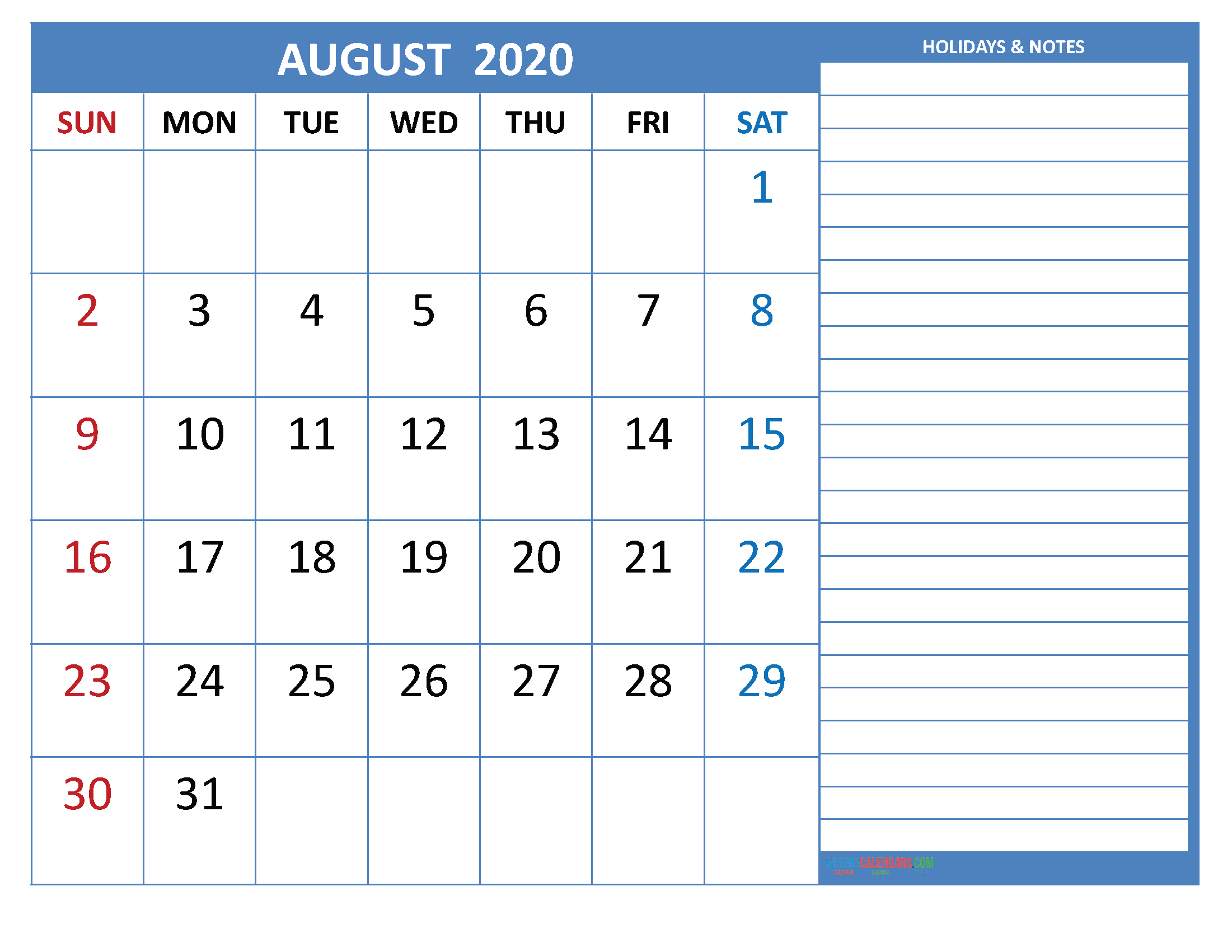 Free Printable Monthly 2020 Calendar with Holidays August