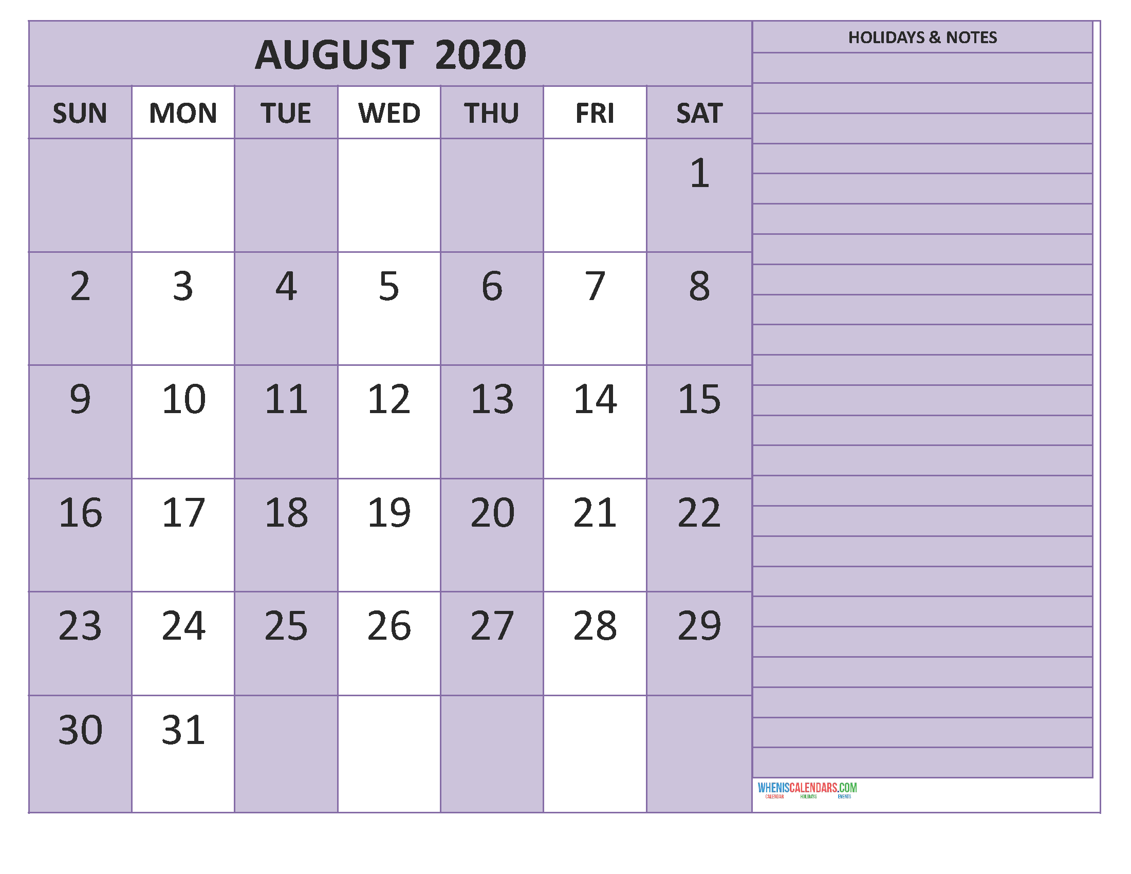 August 2020 Calendar with Holidays Free Printable by Word