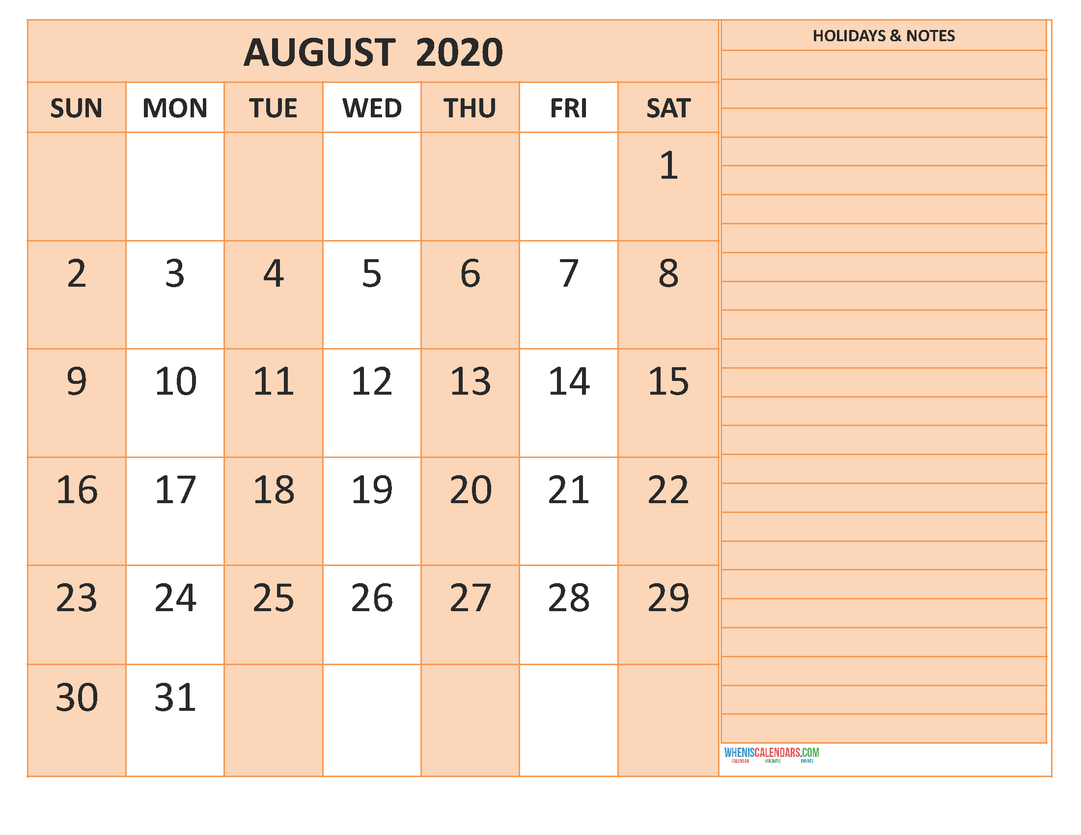 August 2020 Calendar with Holidays Word, PDF