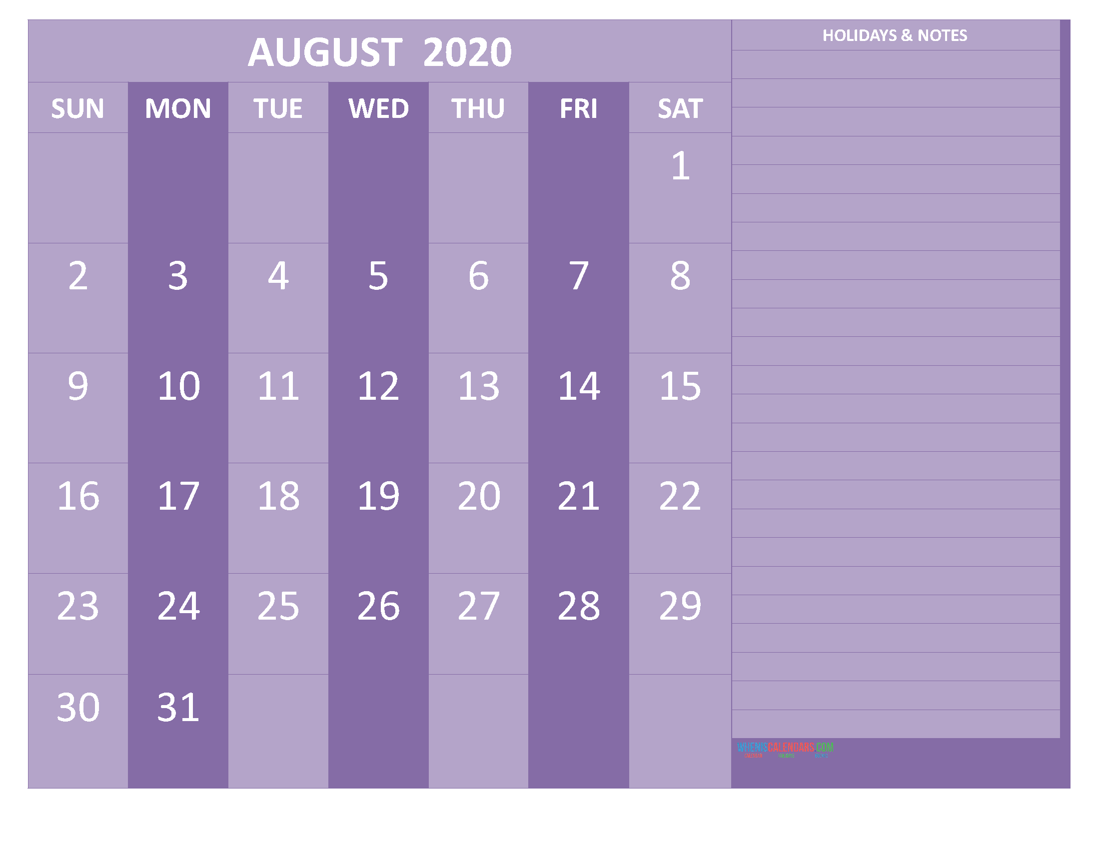 Free Monthly Printable Calendar 2020 August with Holidays
