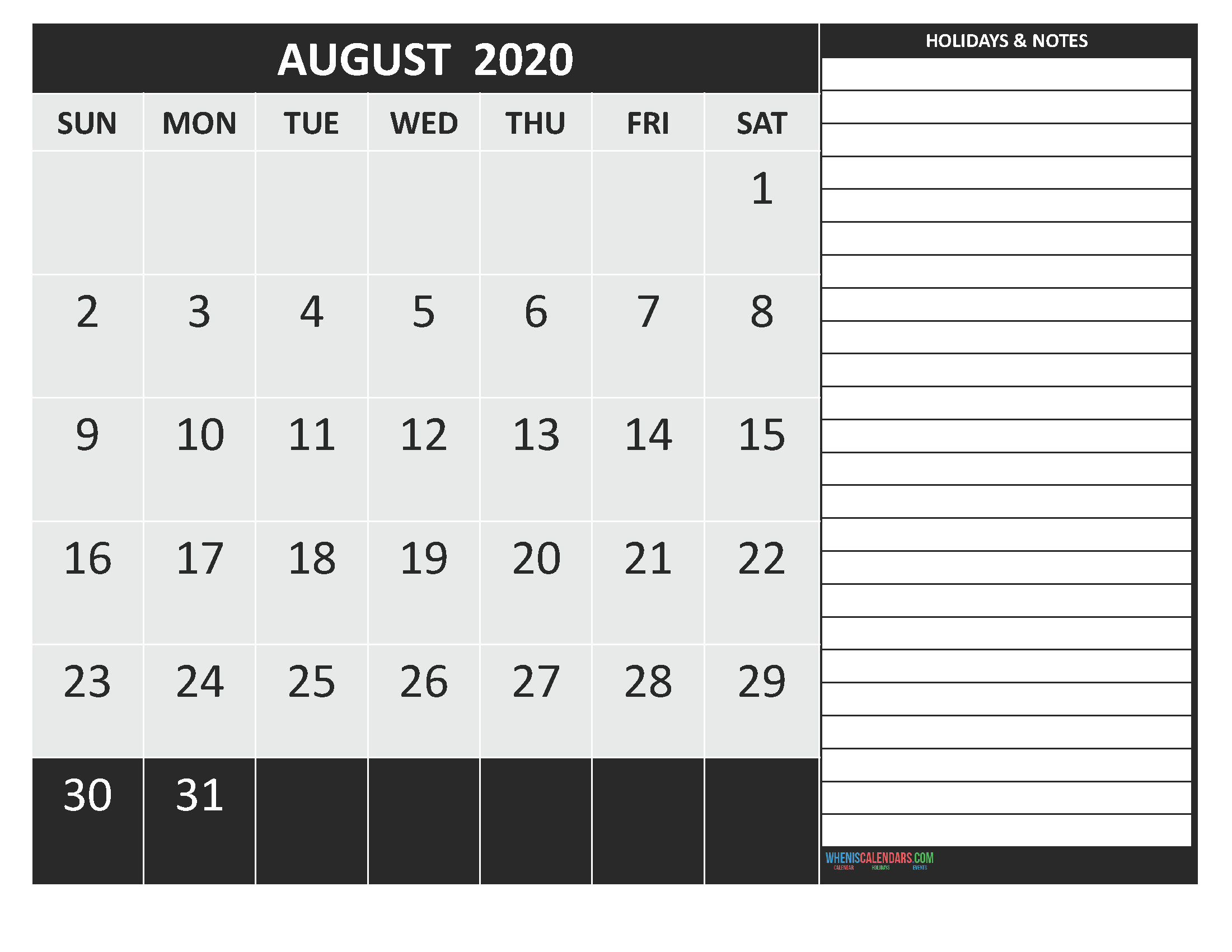 Free August 2020 Monthly Calendar Template Word