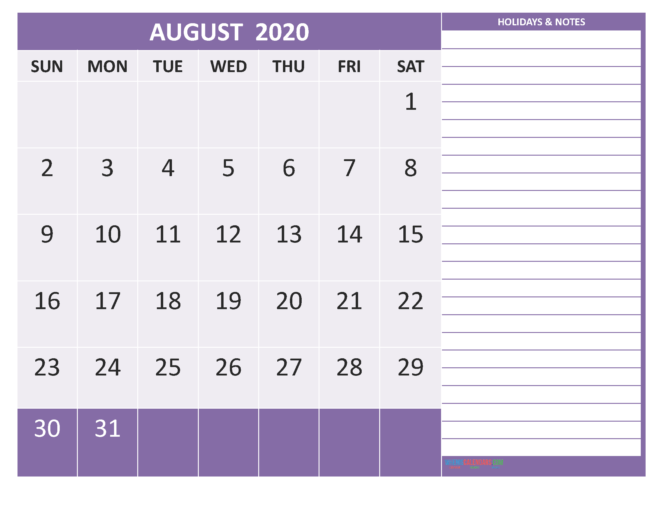 Free Monthly Printable Calendar 2020 August with Holidays
