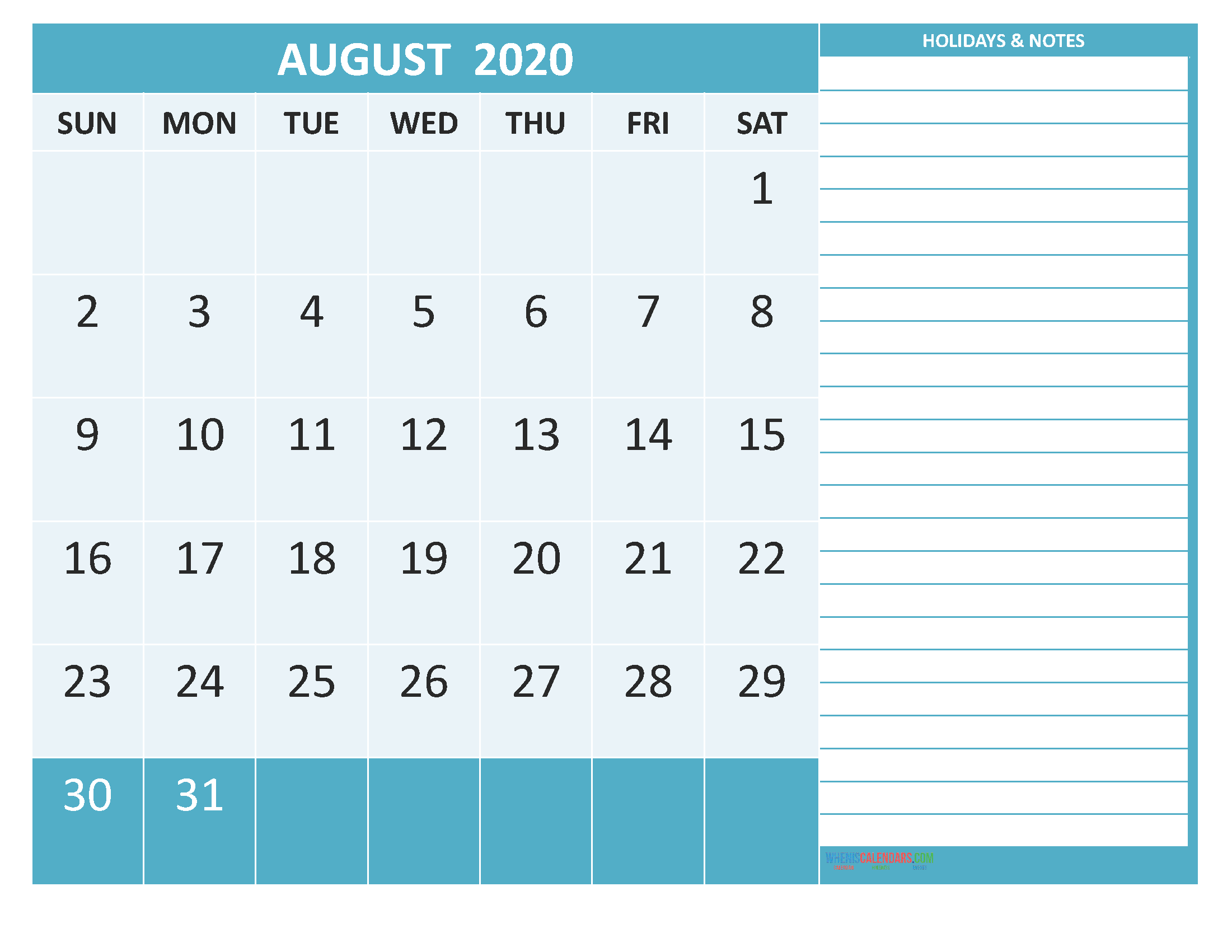 Free Printable Monthly 2020 Calendar with Holidays August