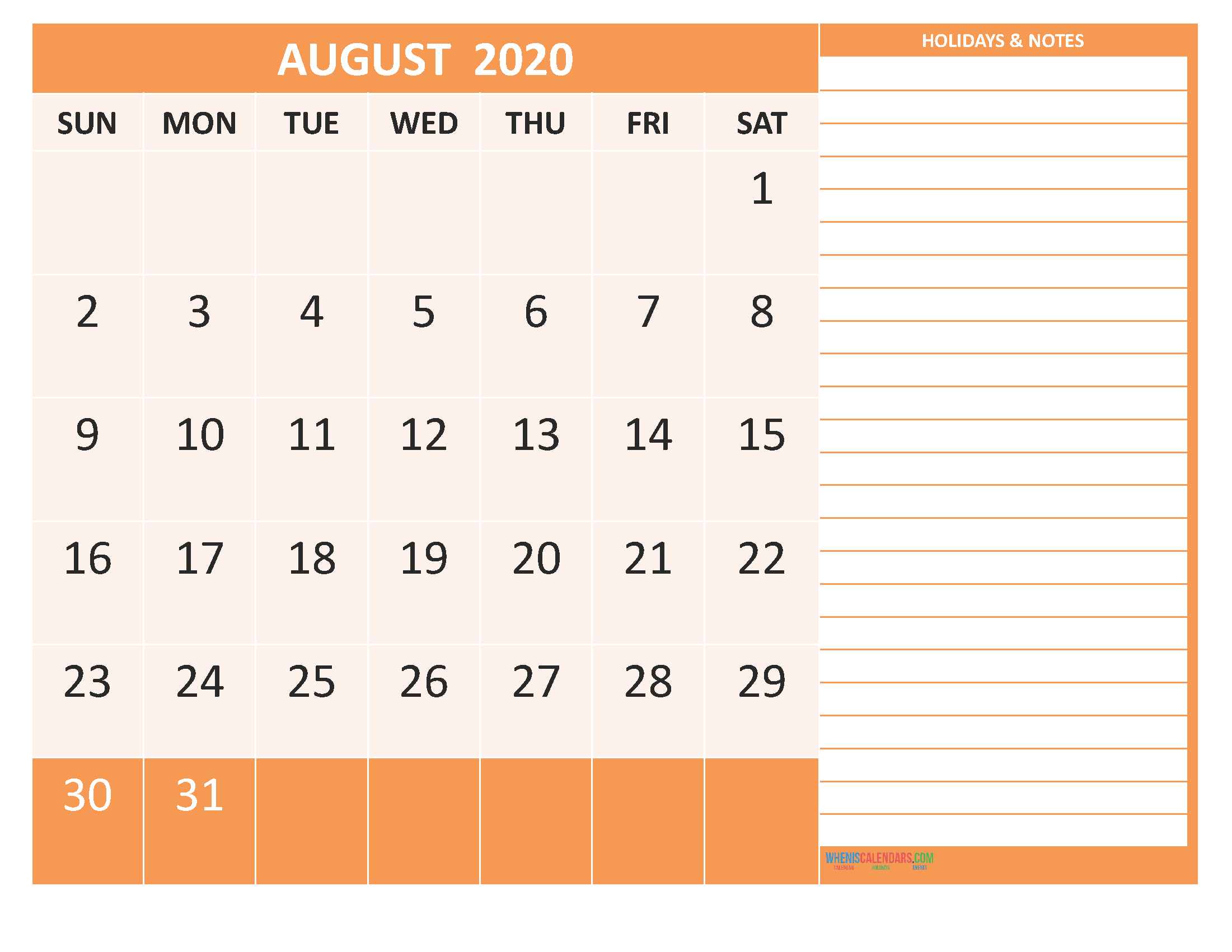 Free Printable 2020 Monthly Calendar with Holidays August