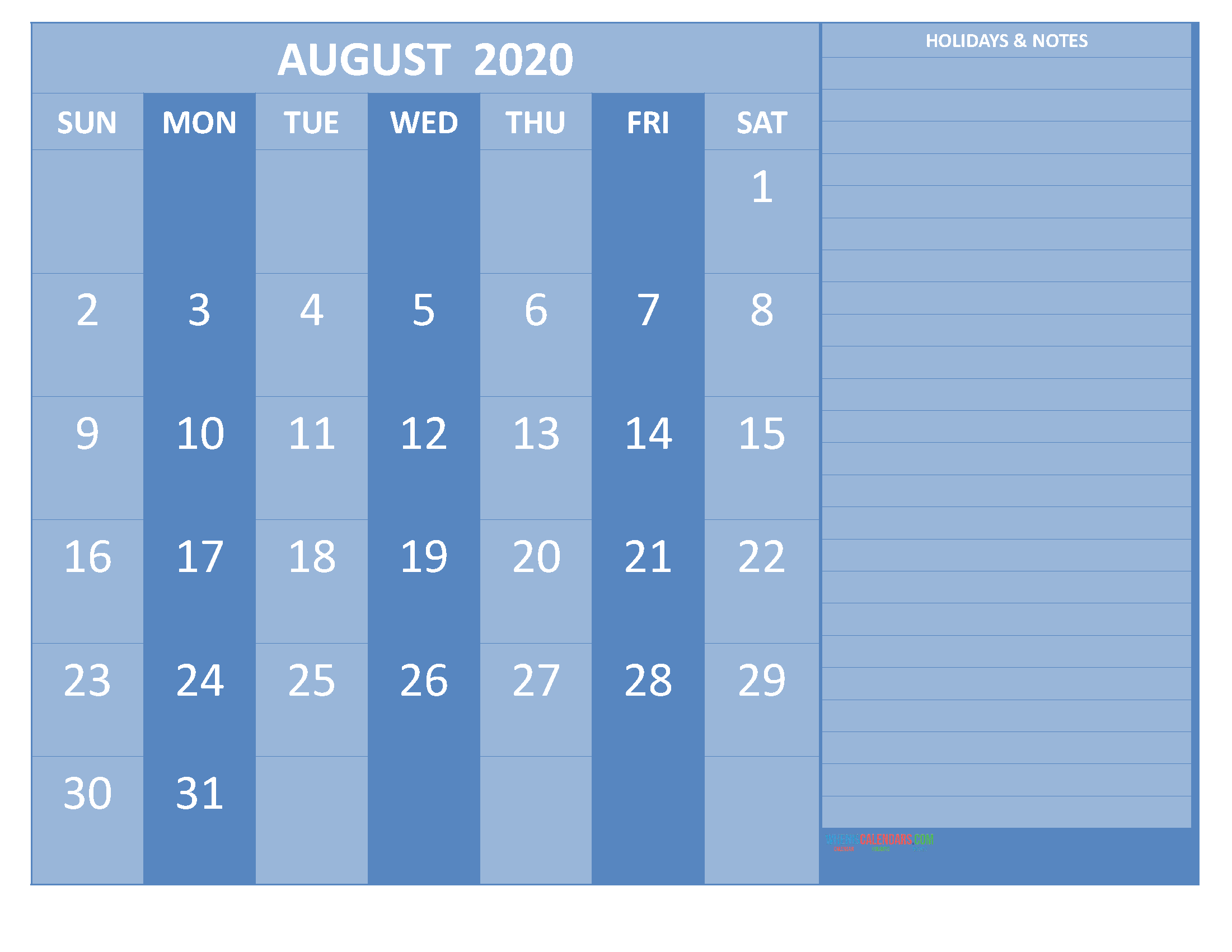 August 2020 Calendar with Holidays Free Printable by Word