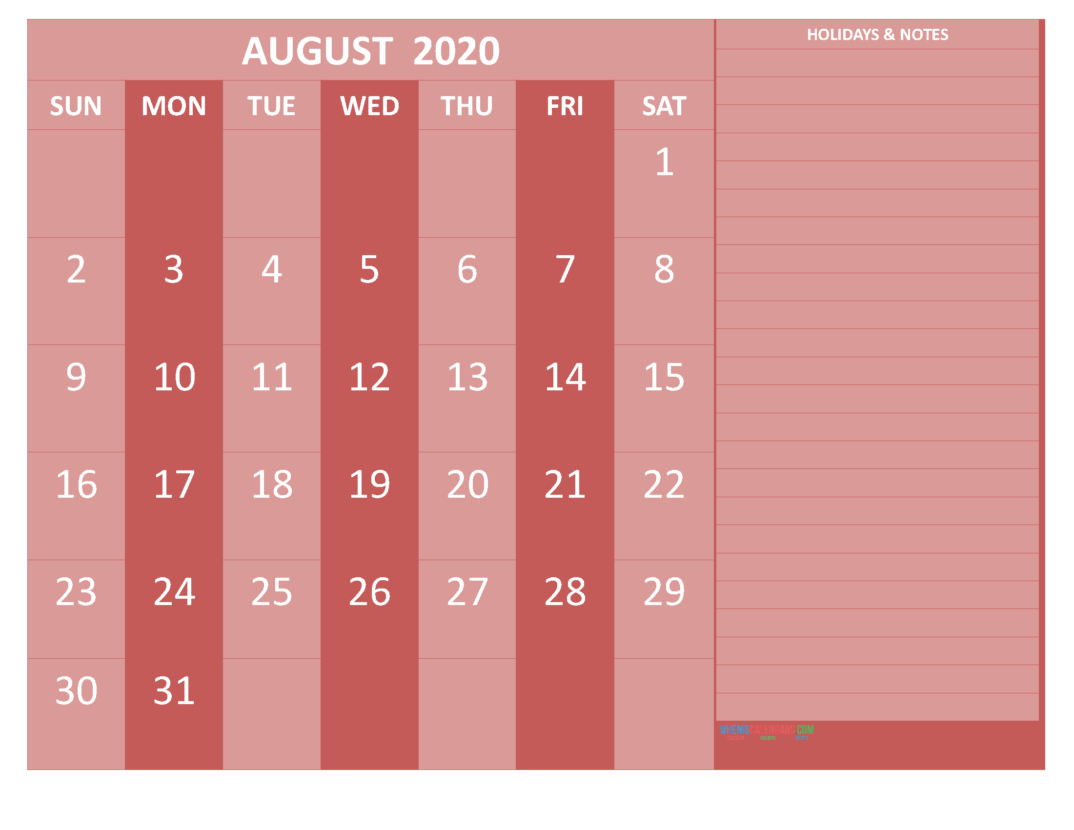 Free Printable Monthly Calendar 2020 August with Holidays