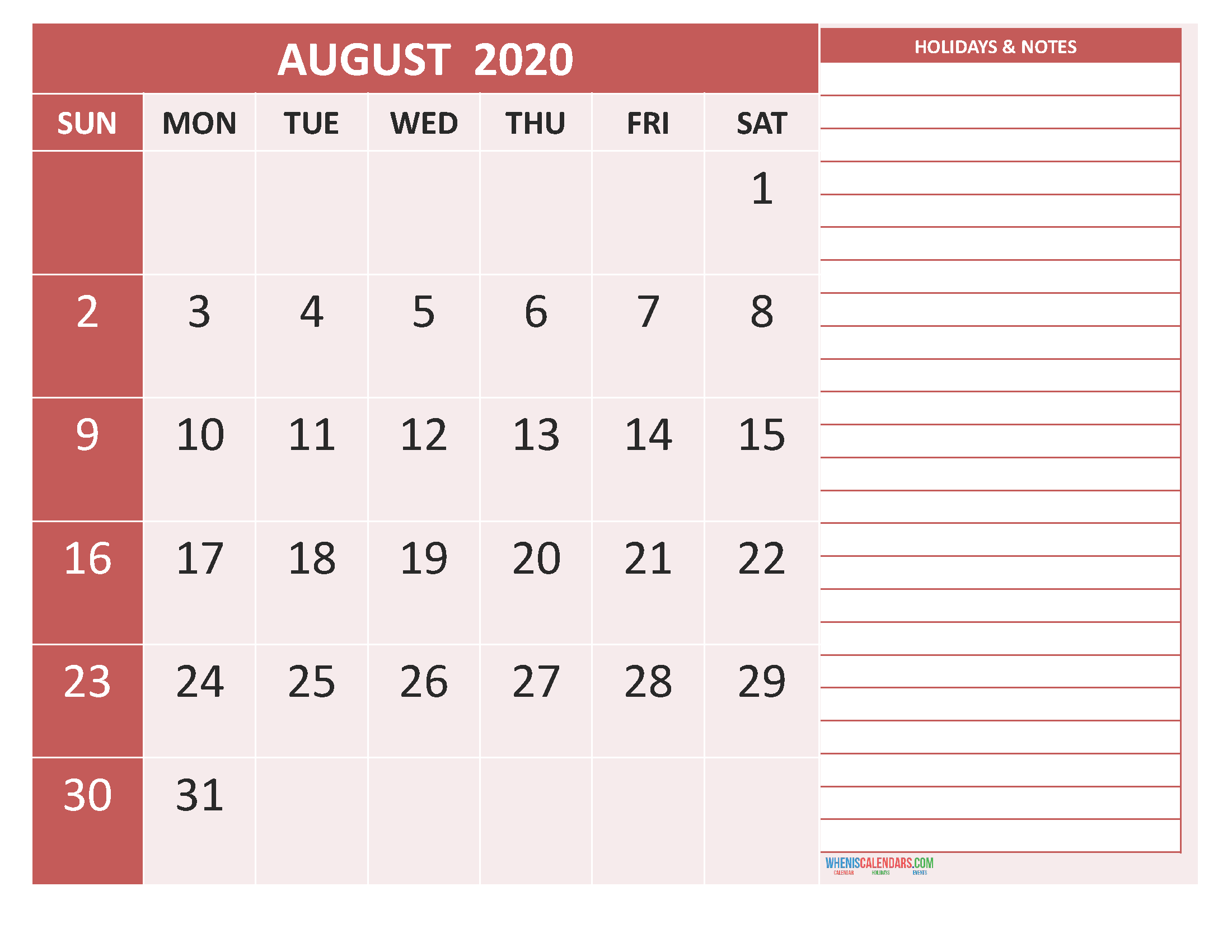 Free Printable 2020 Monthly Calendar with Holidays August