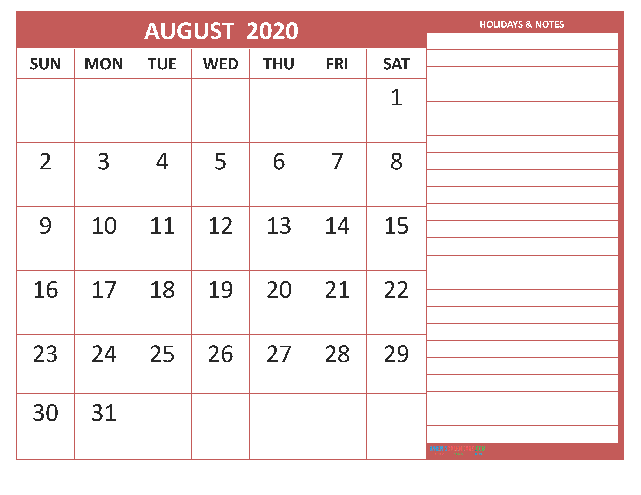 Printable August 2020 Calendar with Holidays Word