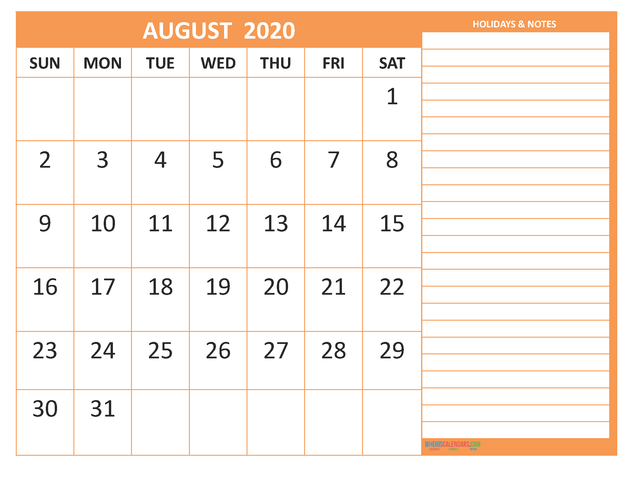 August 2020 Calendar with Holidays Word, PDF