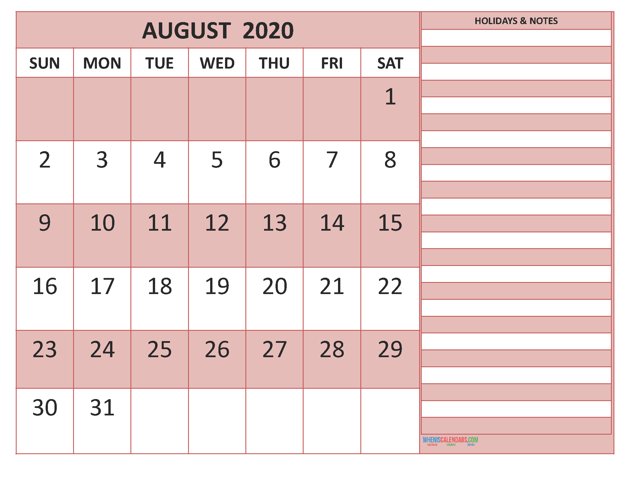 August 2020 Calendar with Holidays Free Printable