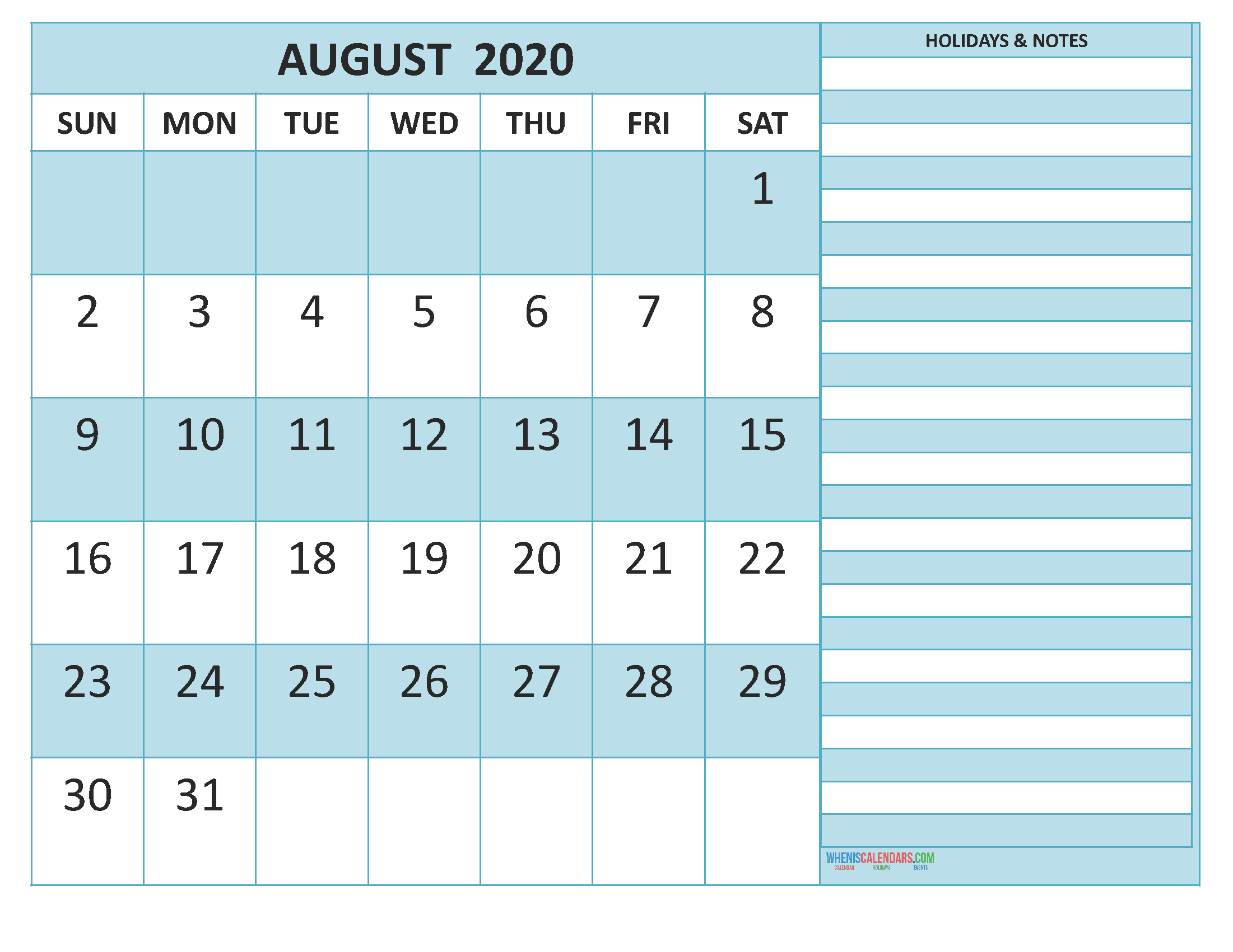 Free Printable Monthly Calendar 2020 August with Holidays