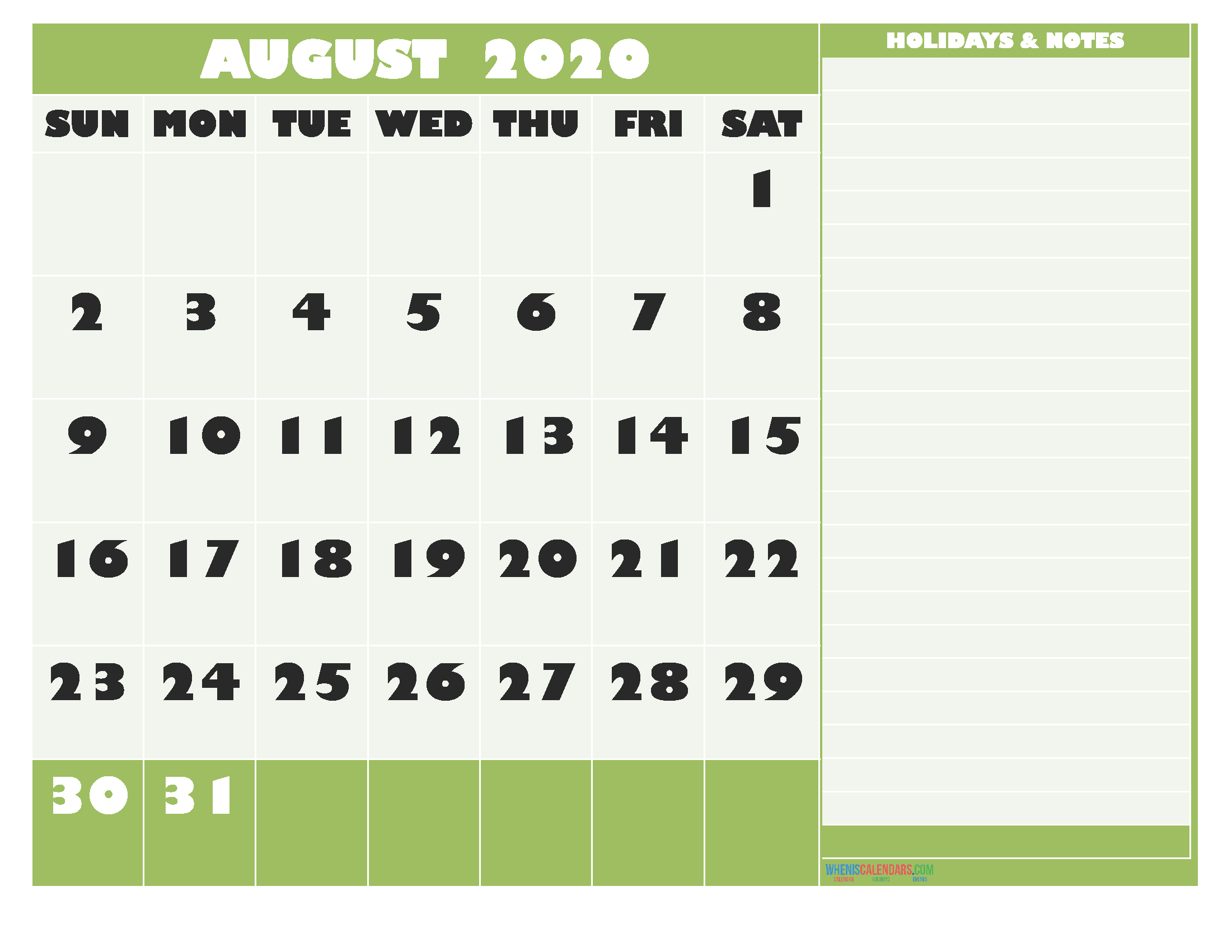 August 2020 Calendar with Holidays Free Printable