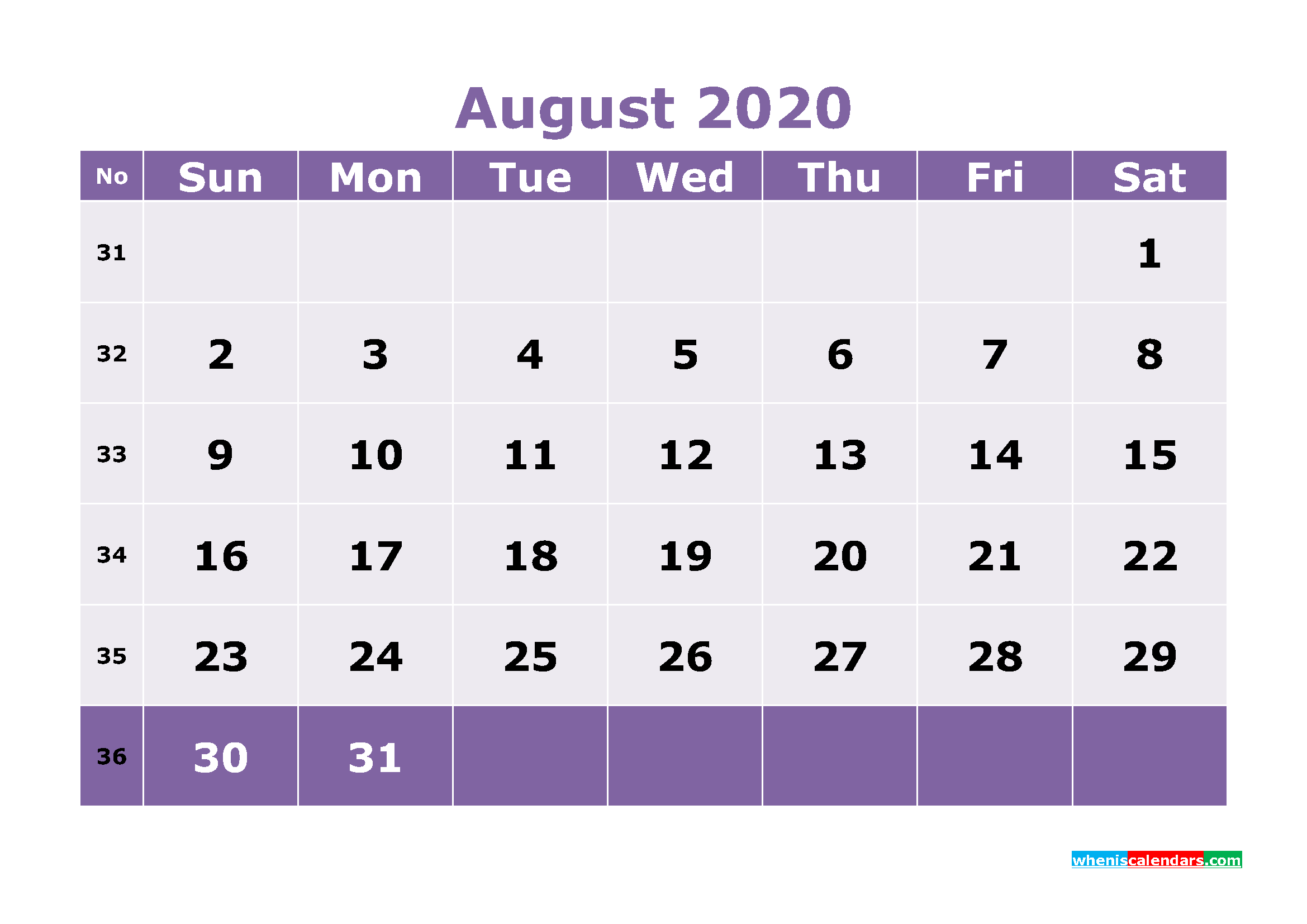 Free Printable August 2020 Calendar Templates