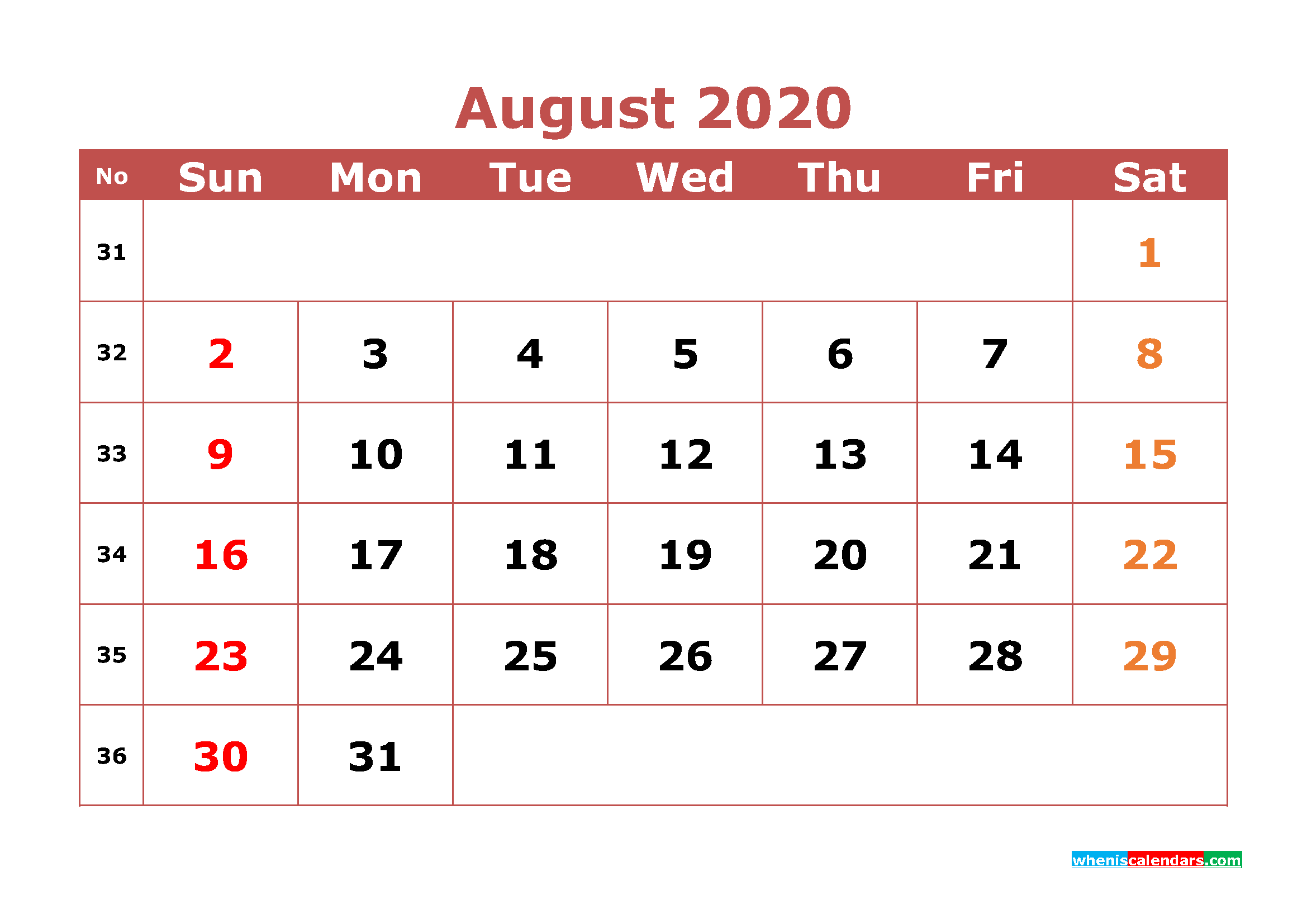 Free Printable August 2020 Calendar Word, PDF