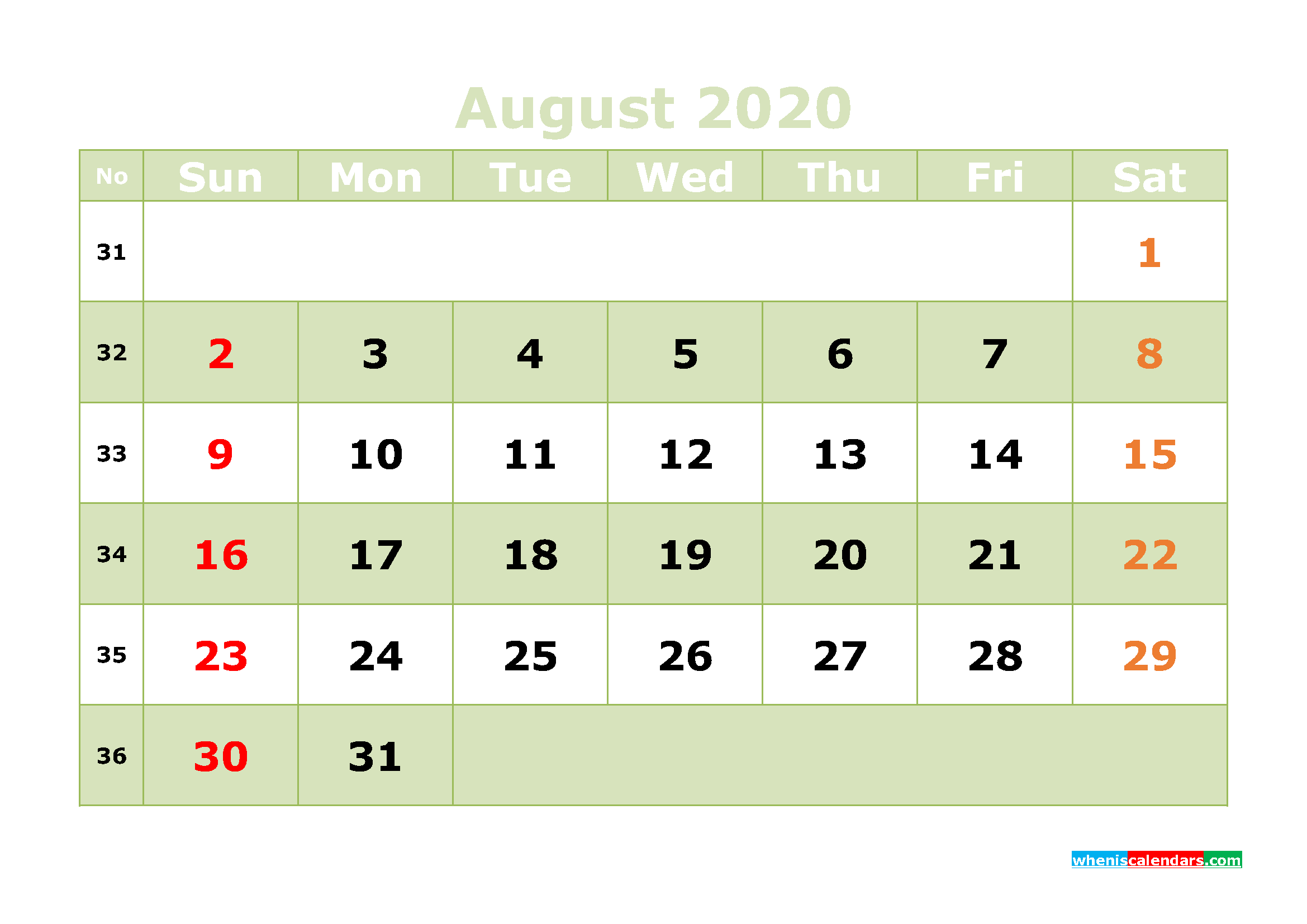 Printable August 2020 Calendar with Week Numbers