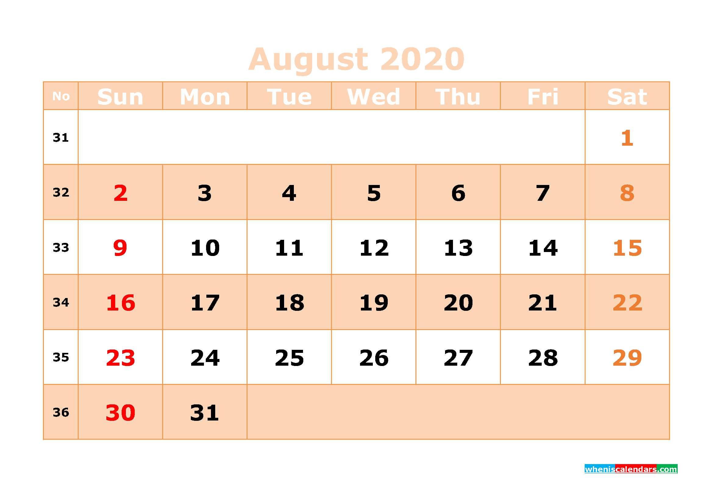 Printable August 2020 Calendar Template Word, PDF
