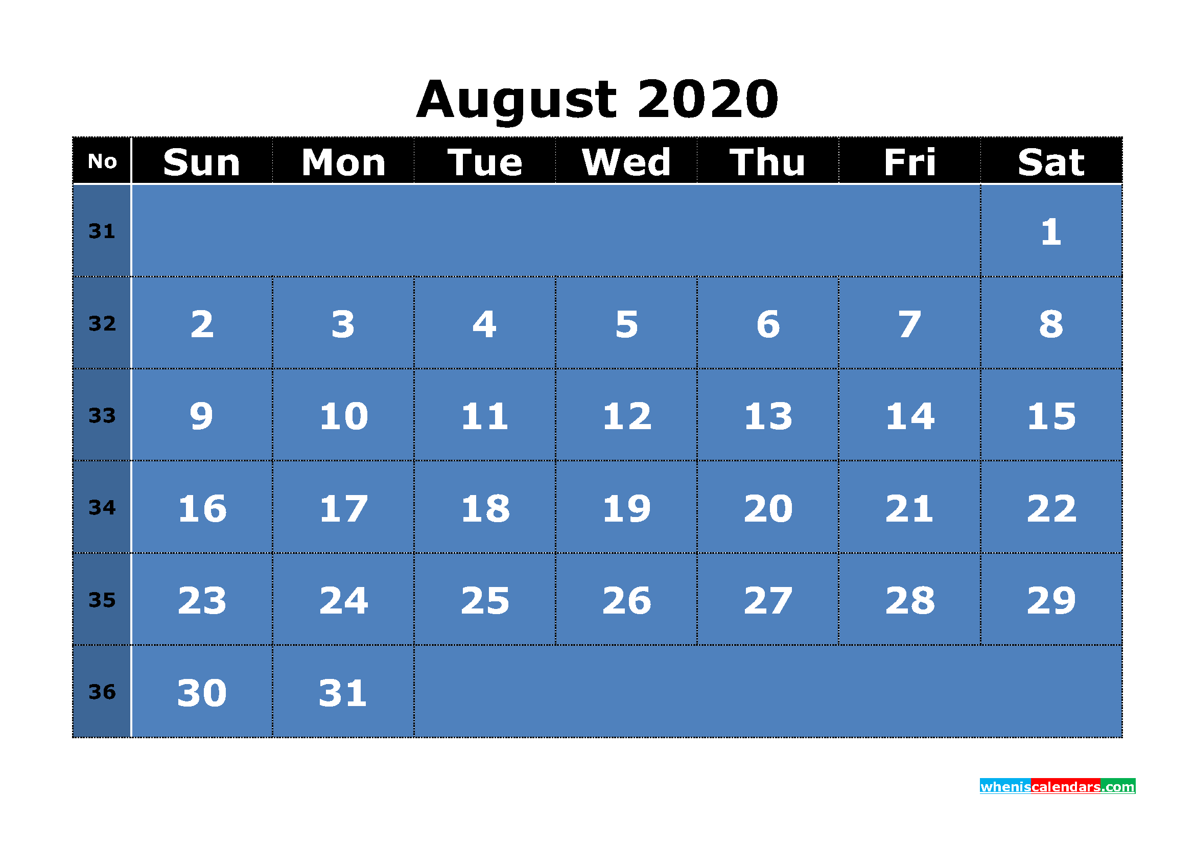 Free Printable August 2020 Calendar Word, PDF