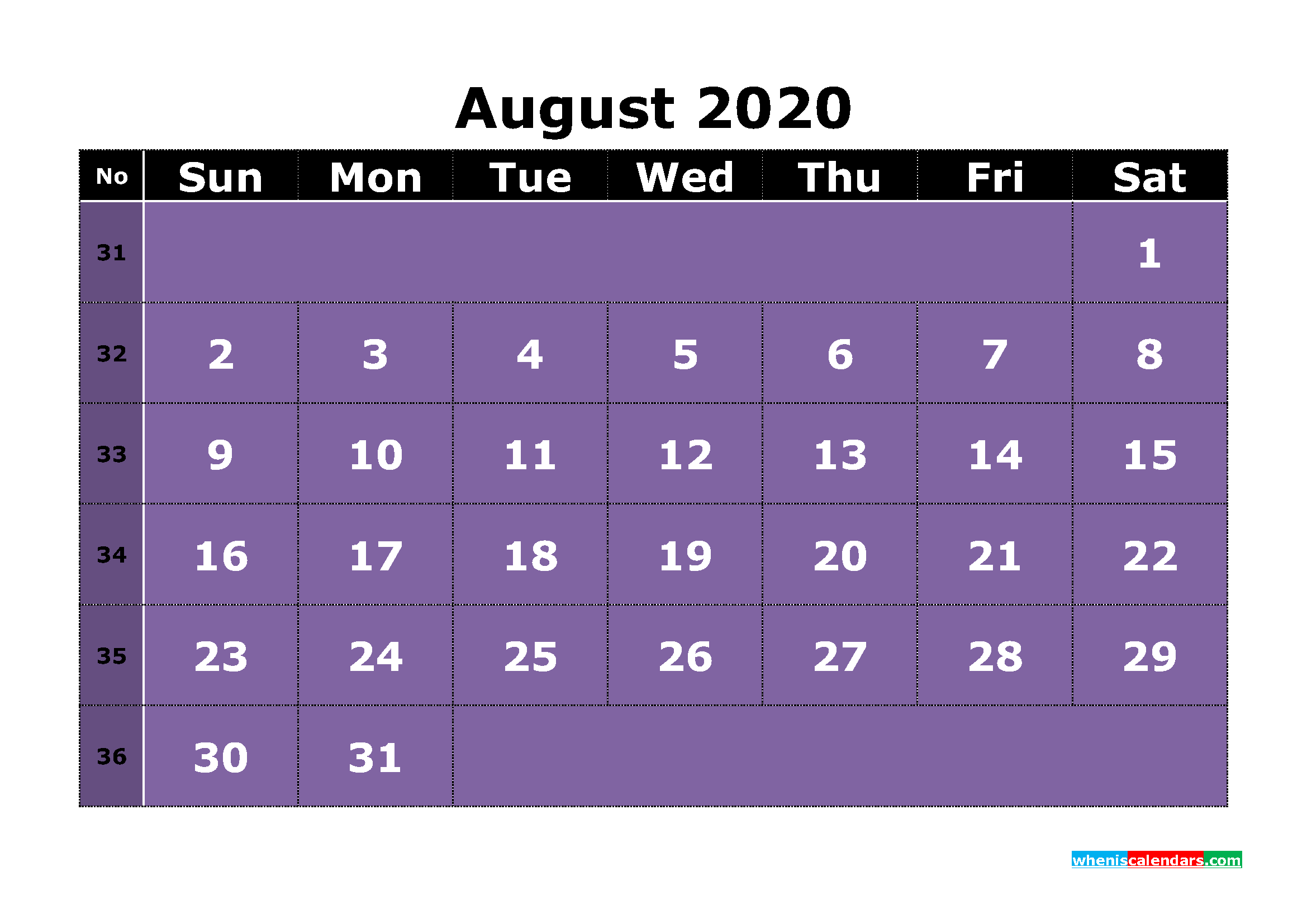 Free Printable August 2020 Calendar Template Word