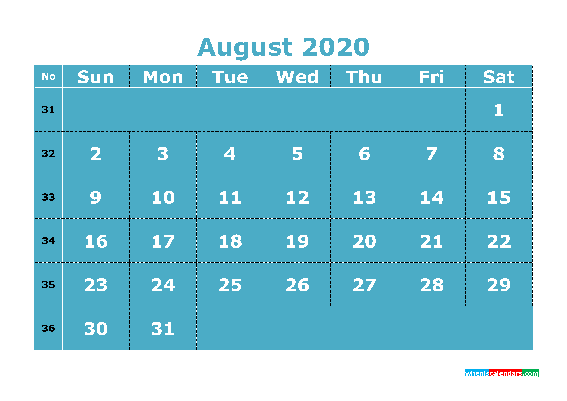 Printable August 2020 Calendar Template Word, PDF