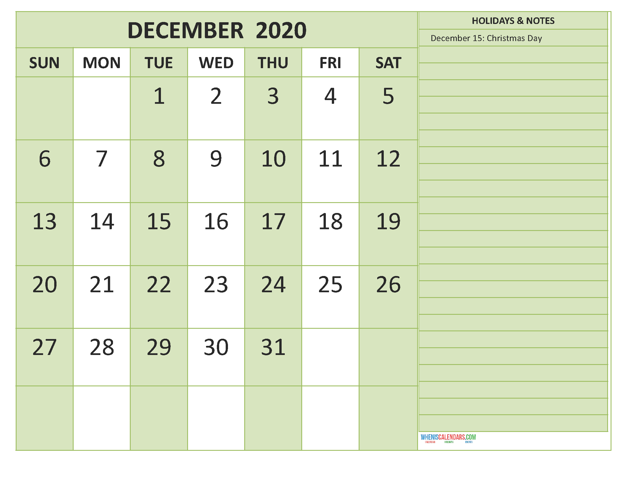 Free Printable Monthly Calendar 2020 December with Holidays