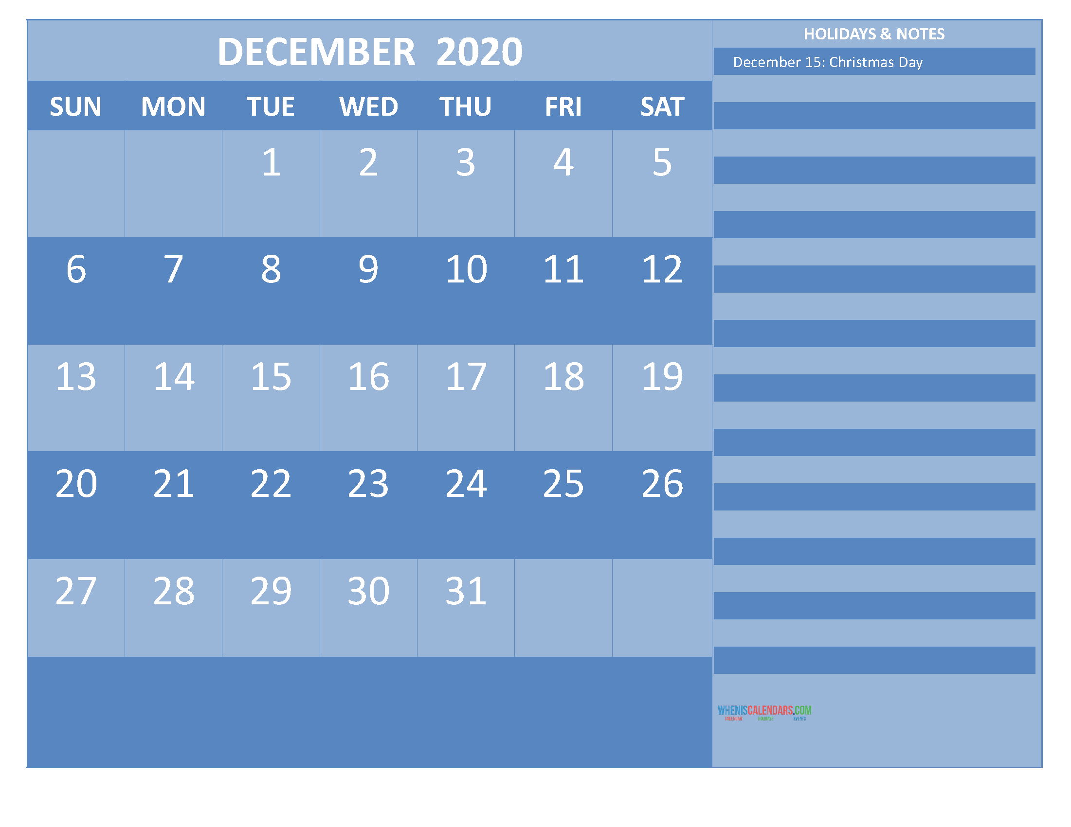 Free Printable December 2020 Calendar with Holidays