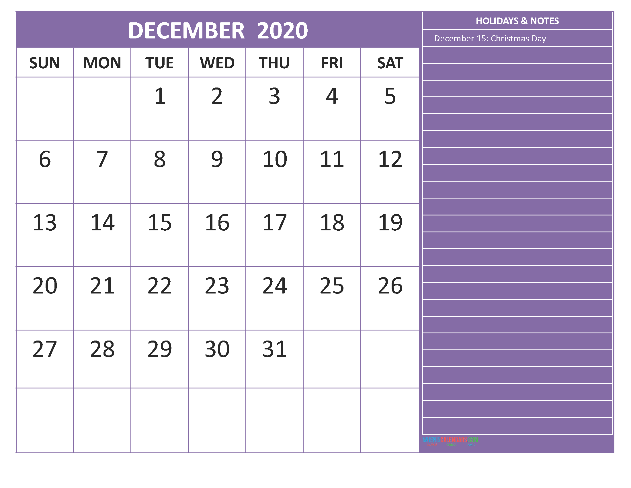 December 2020 Calendar with Holidays Free Printable by Word