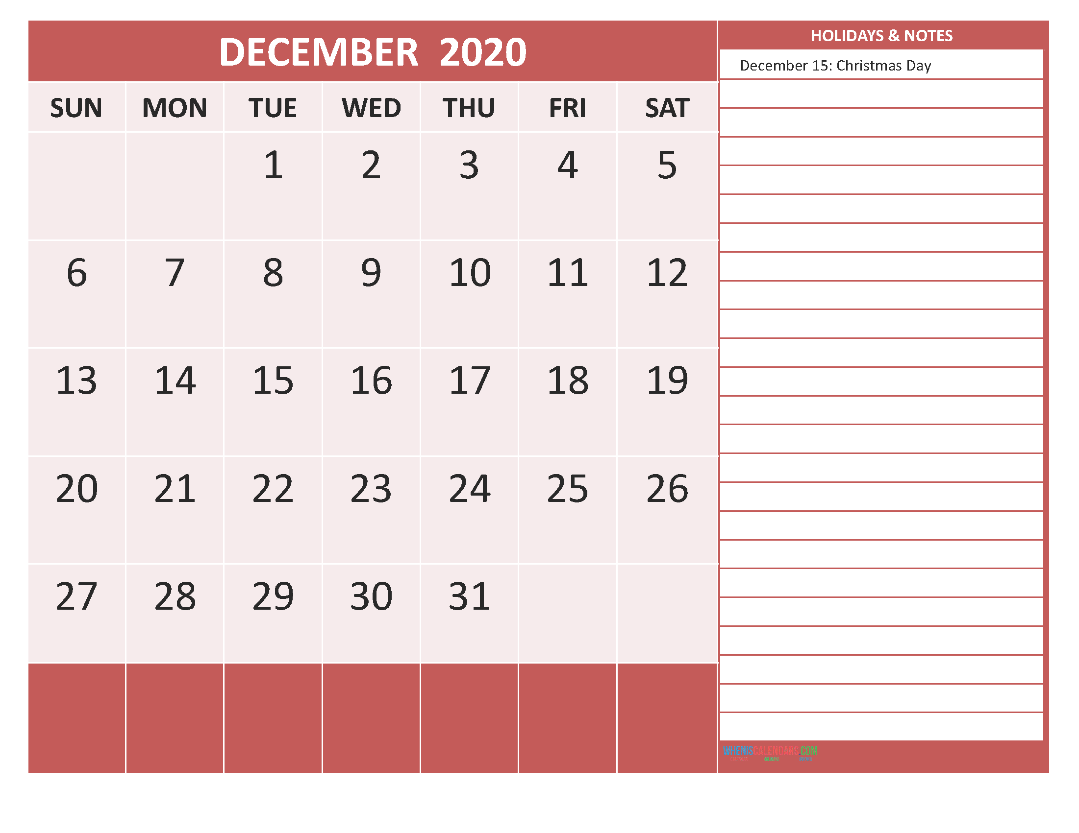 Free Printable Monthly Calendar 2020 December with Holidays
