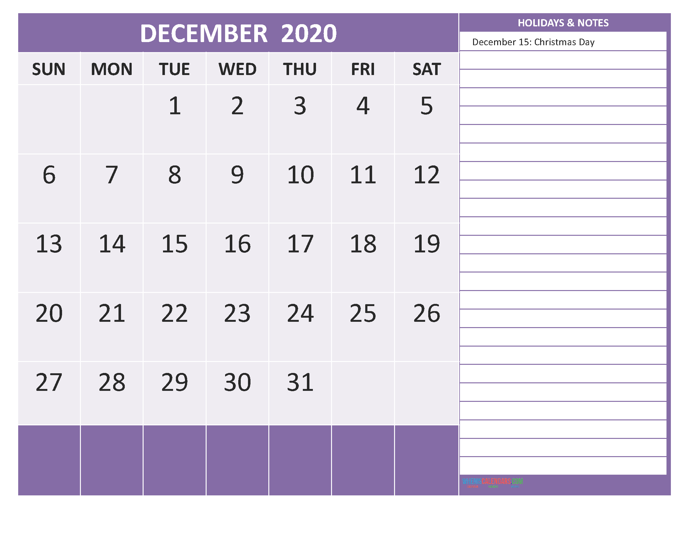 Free Monthly Printable Calendar 2020 December with Holidays