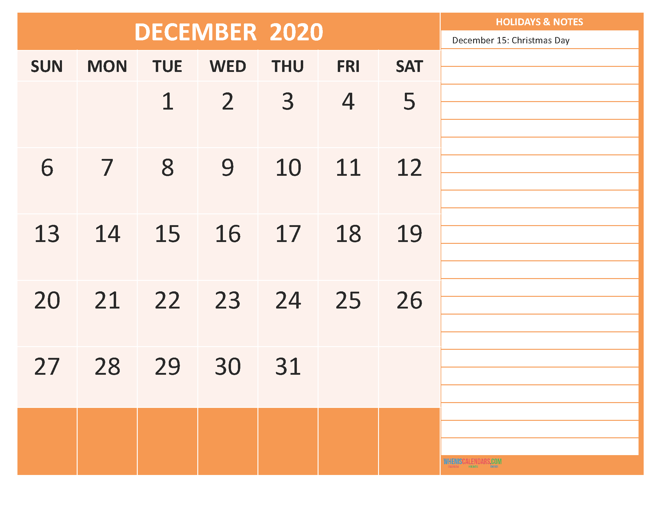 Free Printable 2020 Monthly Calendar with Holidays December