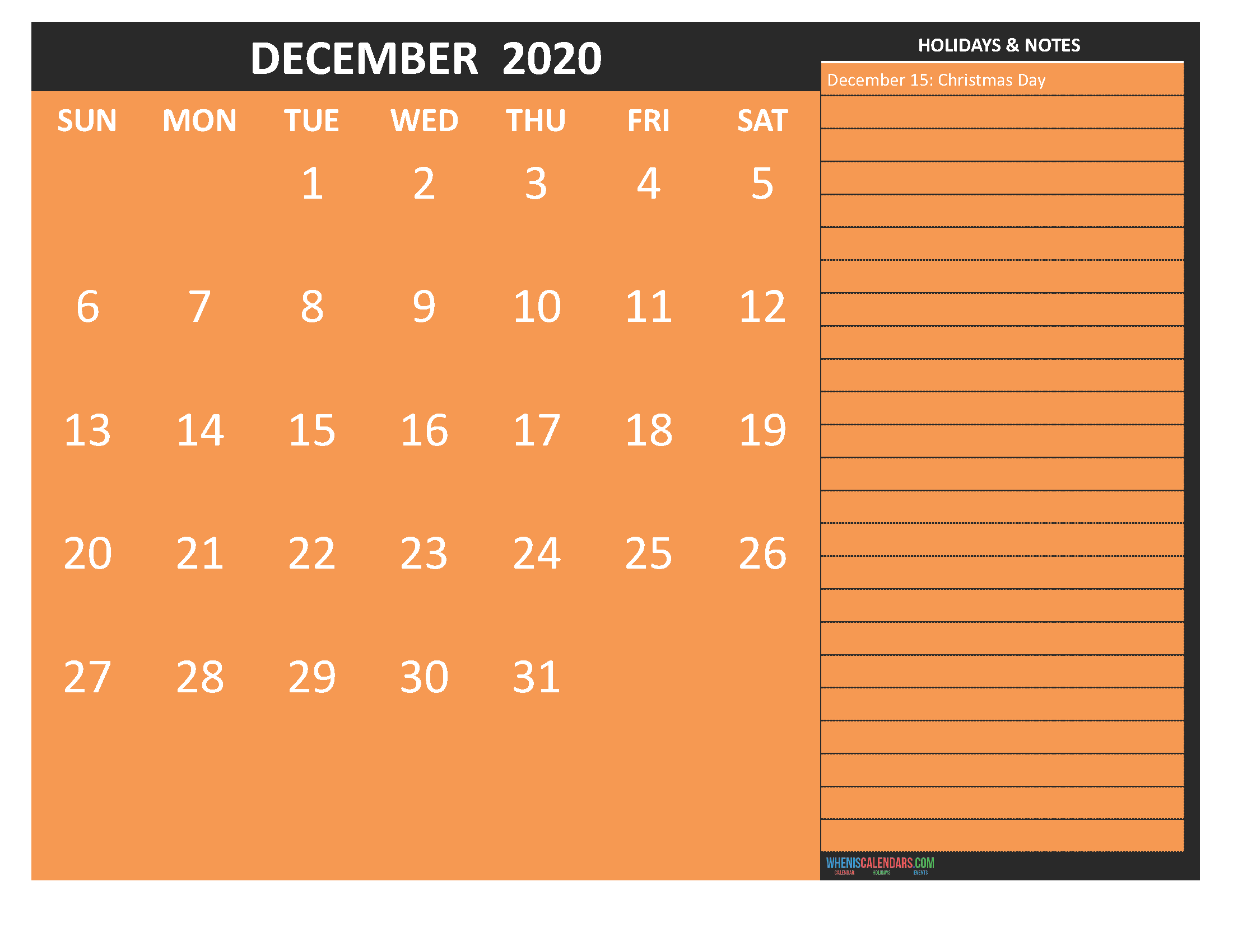 Printable December 2020 Calendar with Holidays Word