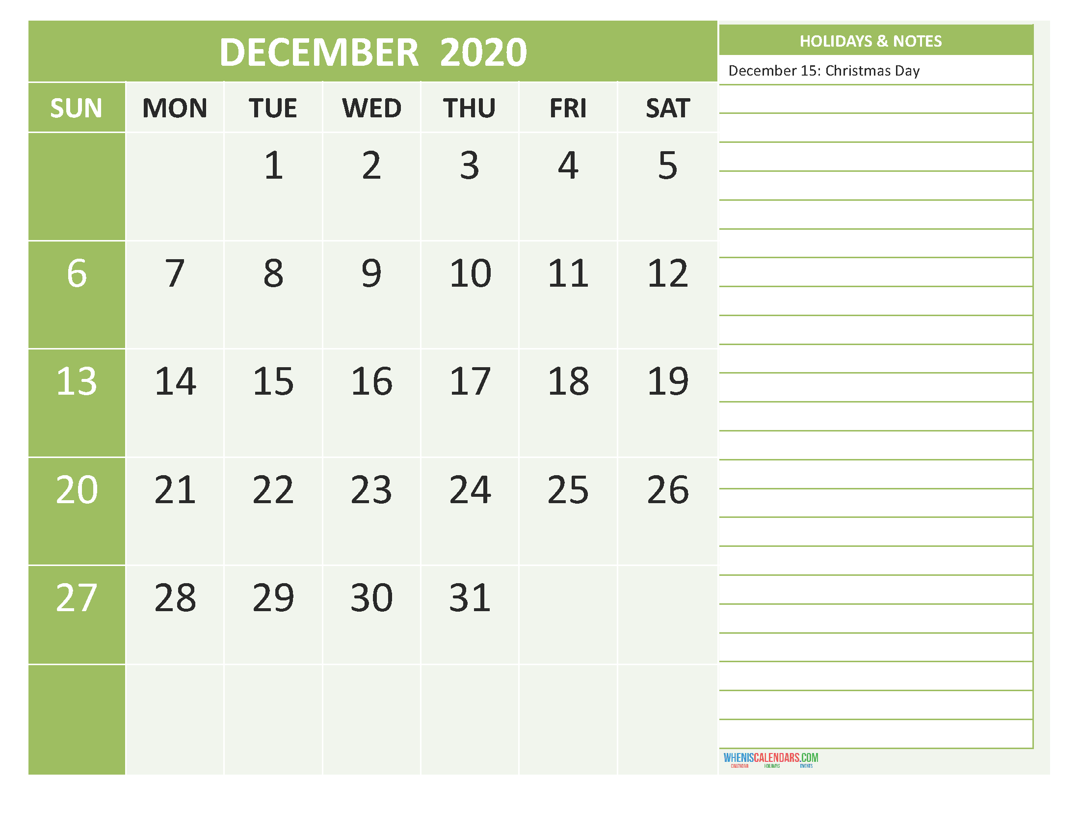 December 2020 Calendar with Holidays Free Printable