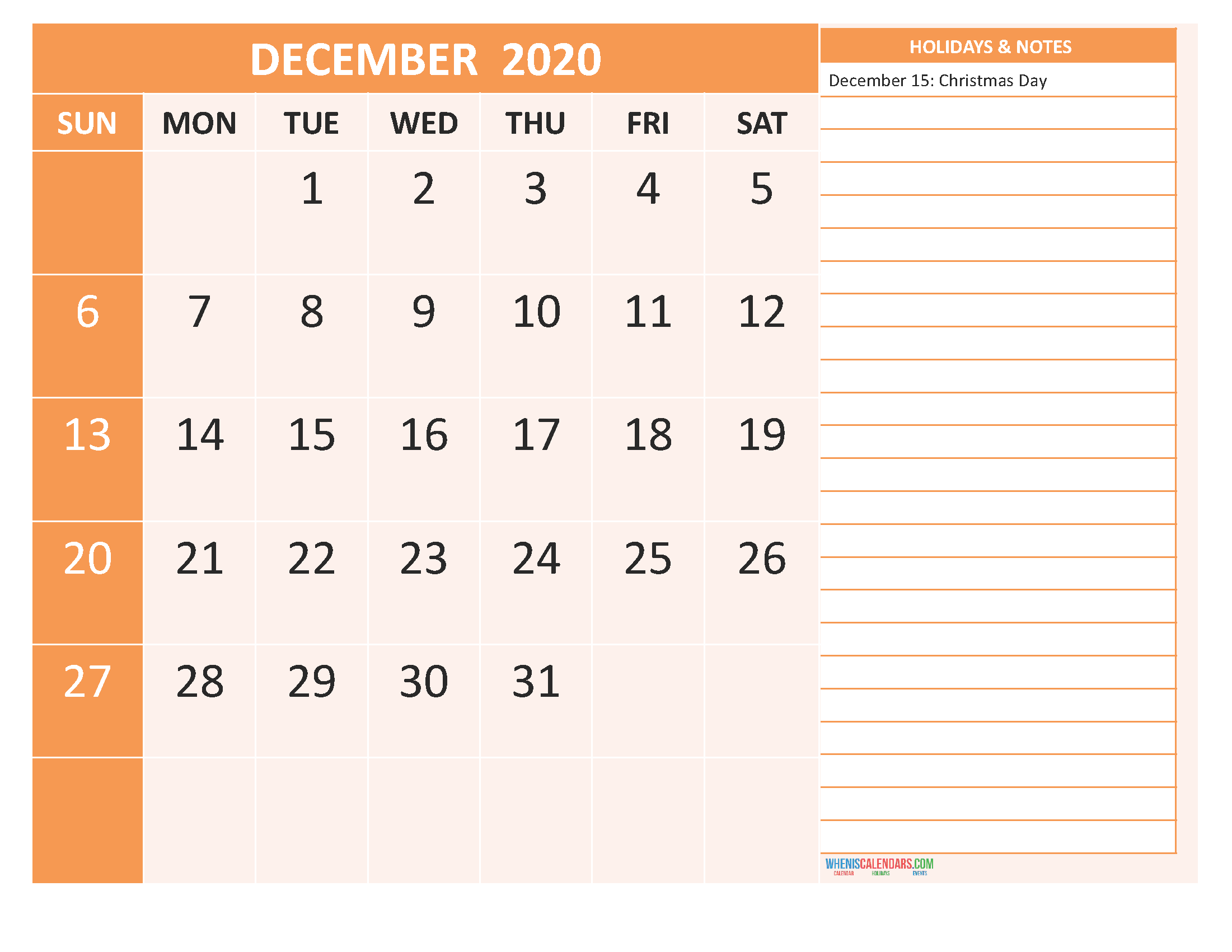 Free Monthly Printable Calendar 2020 December with Holidays