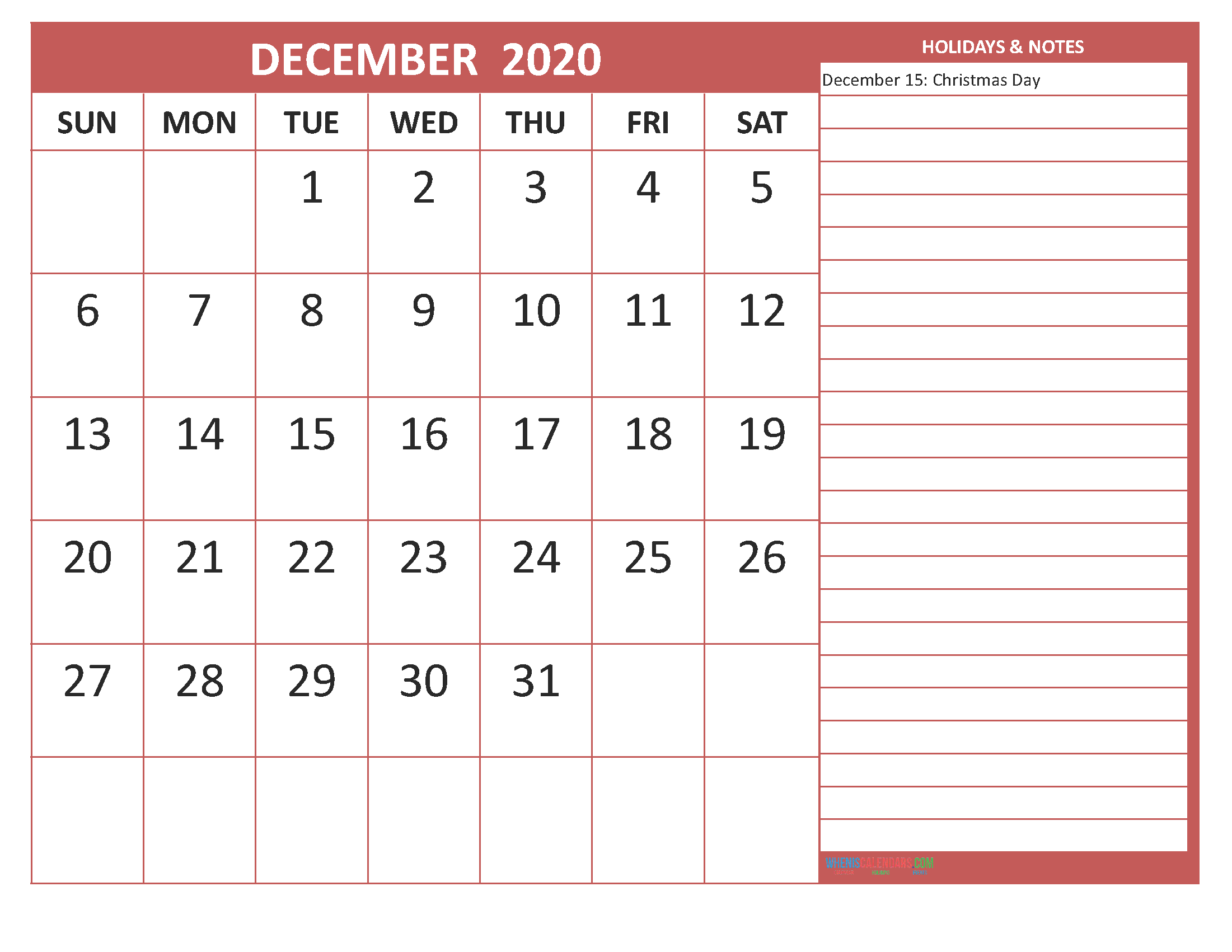 Printable December 2020 Calendar with Holidays Word