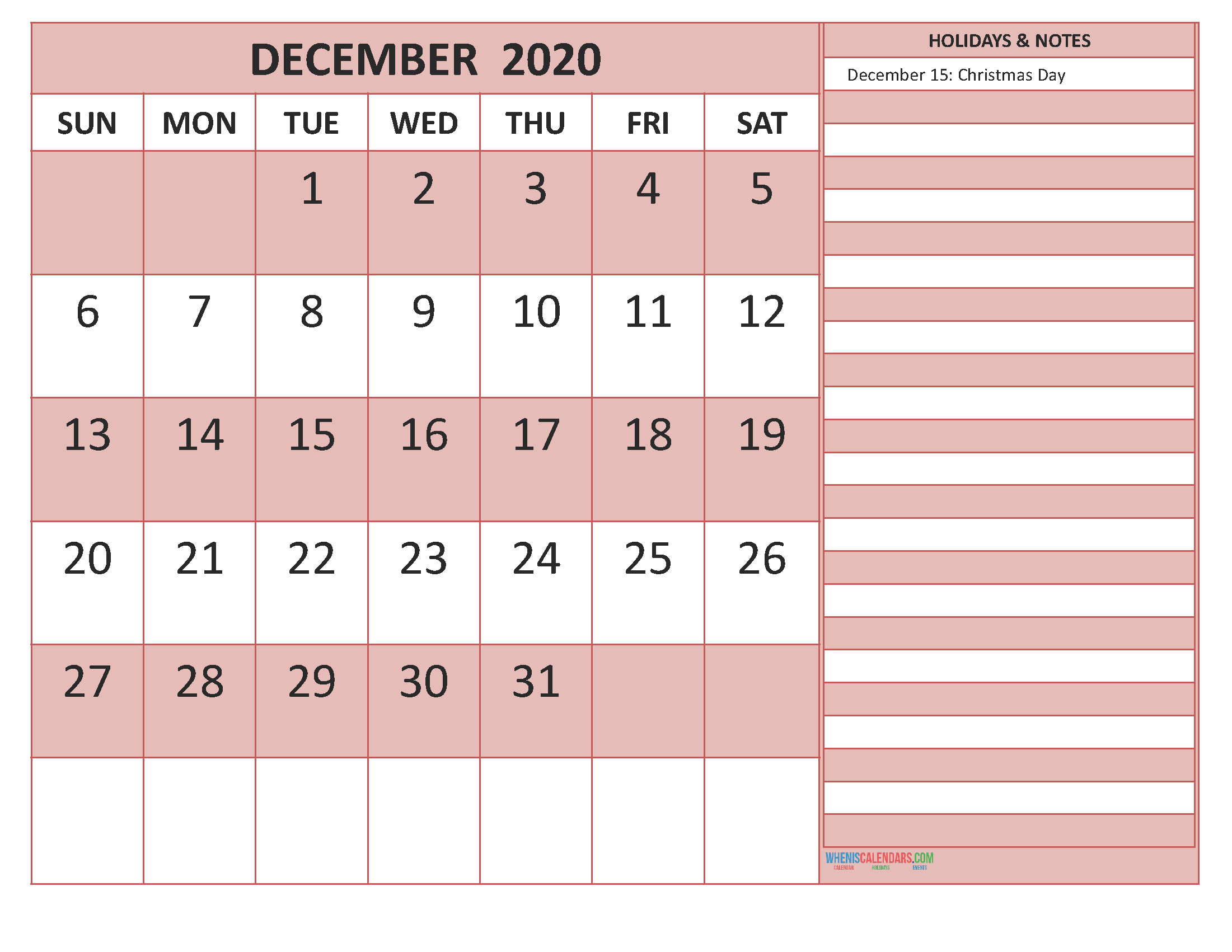 Free Printable Monthly 2020 Calendar with Holidays December